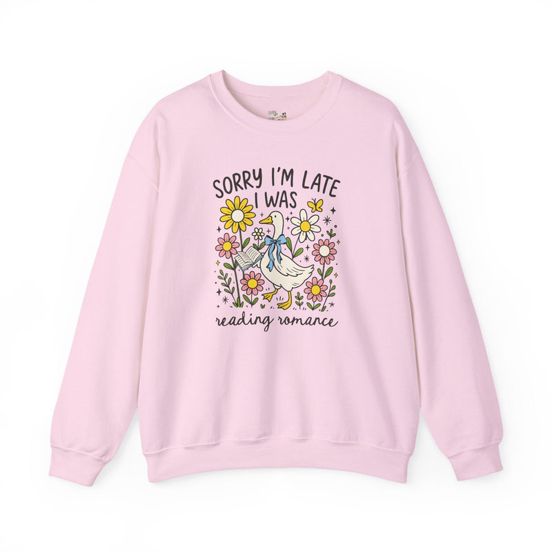 Romance Reader Sweatshirt, Animal Lover Who Loves Flowers and Reading Romance Books, Cute Bookish Shirt with Silly Goose, Romance Bookworm - Opal and June