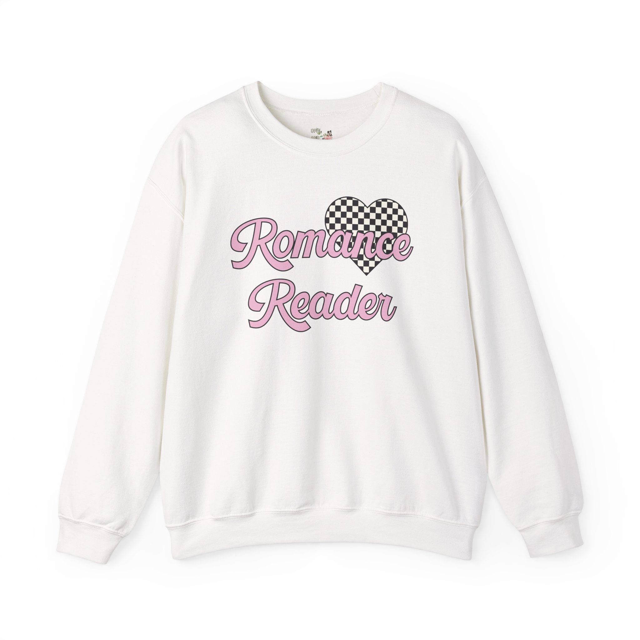 Romance Reader Sweatshirt with Checkered Heart, Cute 90s Aesthetic Book Lover Gift Idea for Bookworm or Librarian Who Loves Romance Novels - Opal and June