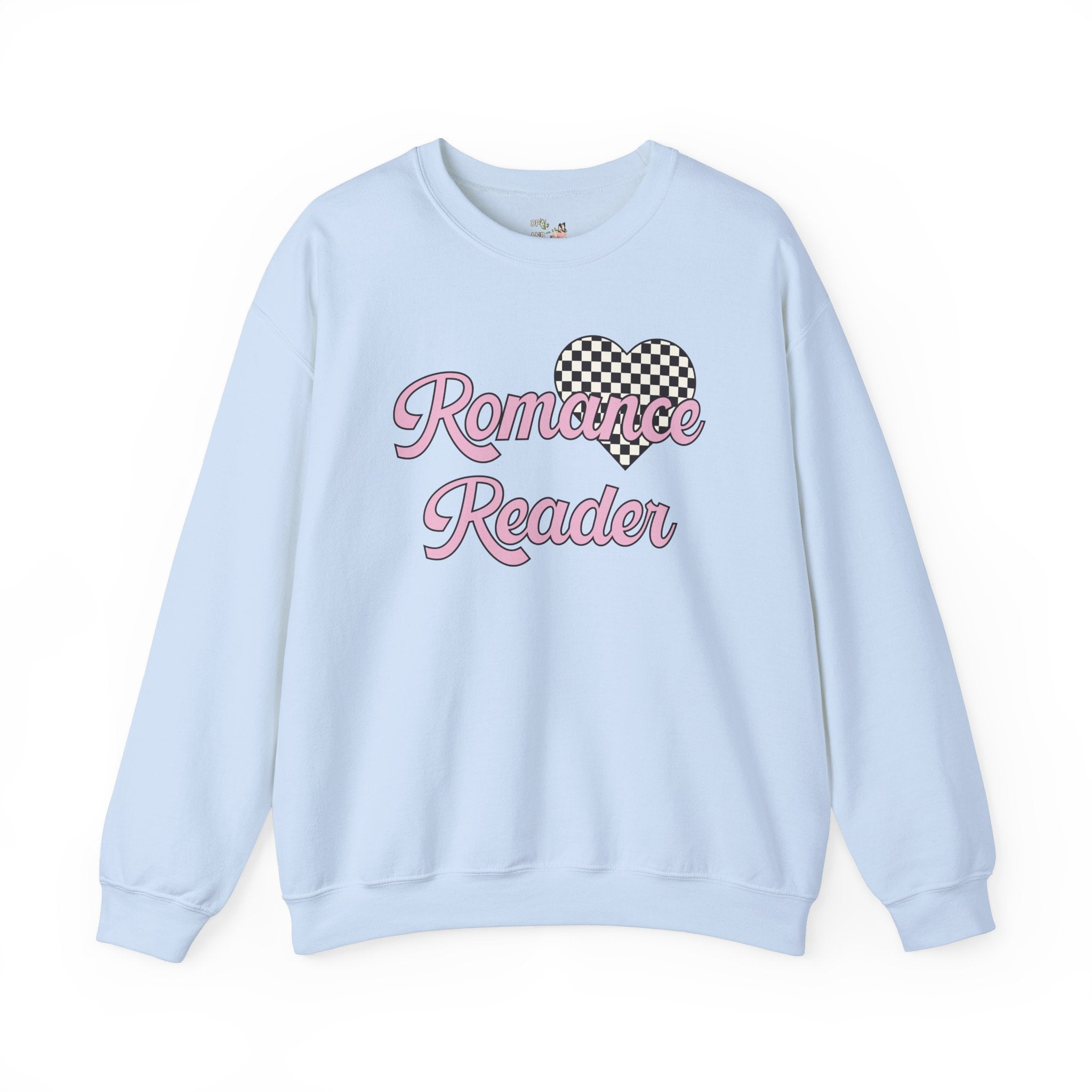 Romance Reader Sweatshirt with Checkered Heart, Cute 90s Aesthetic Book Lover Gift Idea for Bookworm or Librarian Who Loves Romance Novels - Opal and June