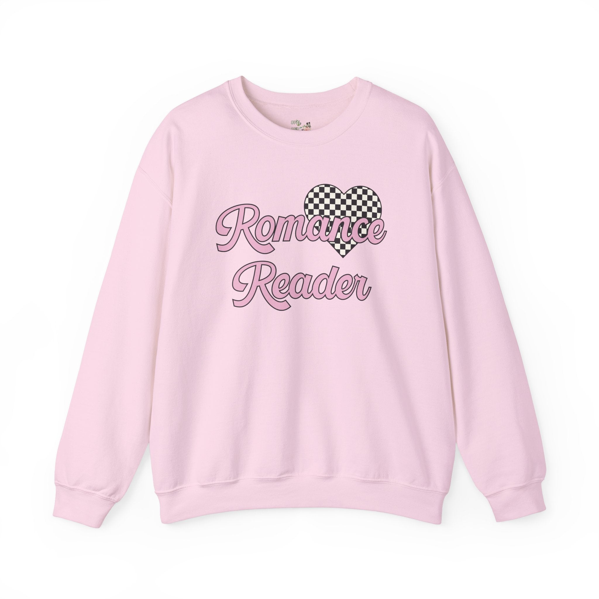 Romance Reader Sweatshirt with Checkered Heart, Cute 90s Aesthetic Book Lover Gift Idea for Bookworm or Librarian Who Loves Romance Novels - Opal and June