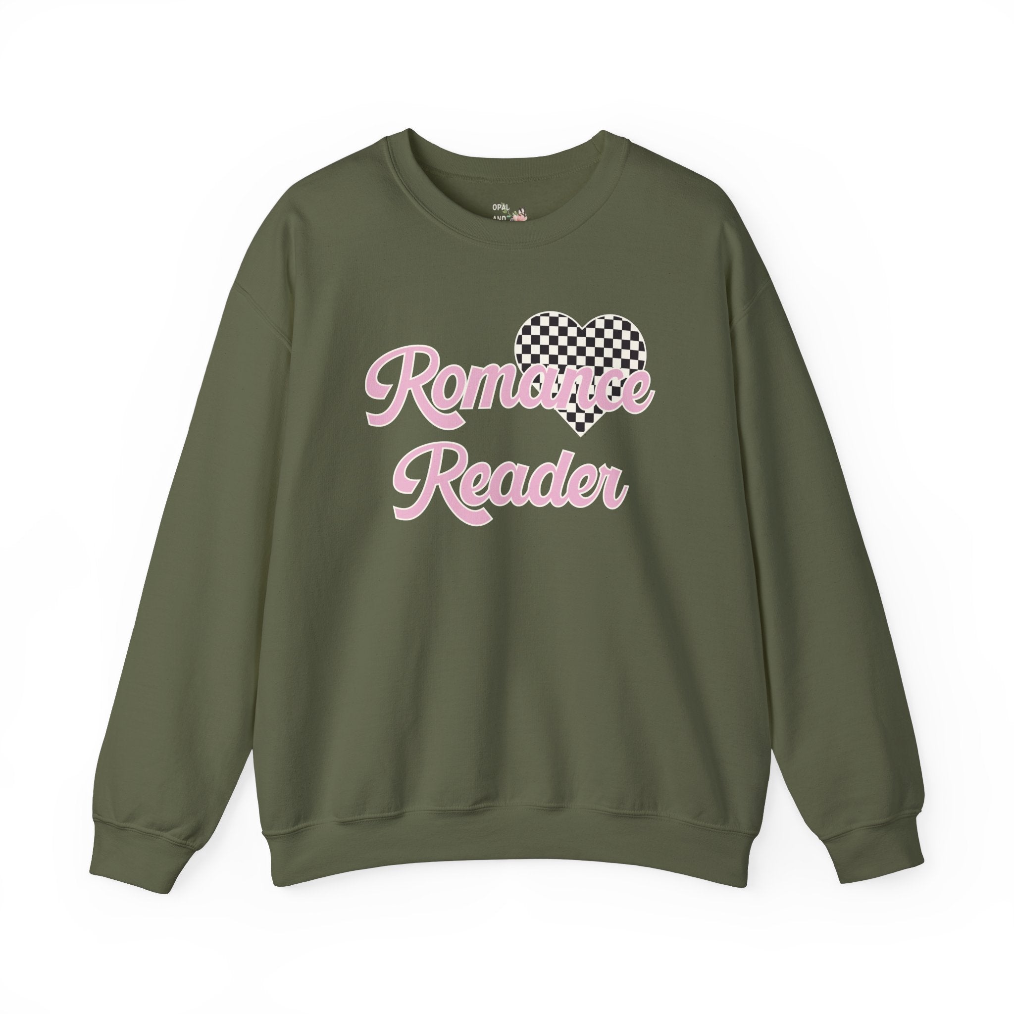 Romance Reader Sweatshirt with Checkered Heart, Cute 90s Aesthetic Book Lover Gift Idea for Bookworm or Librarian Who Loves Romance Novels - Opal and June