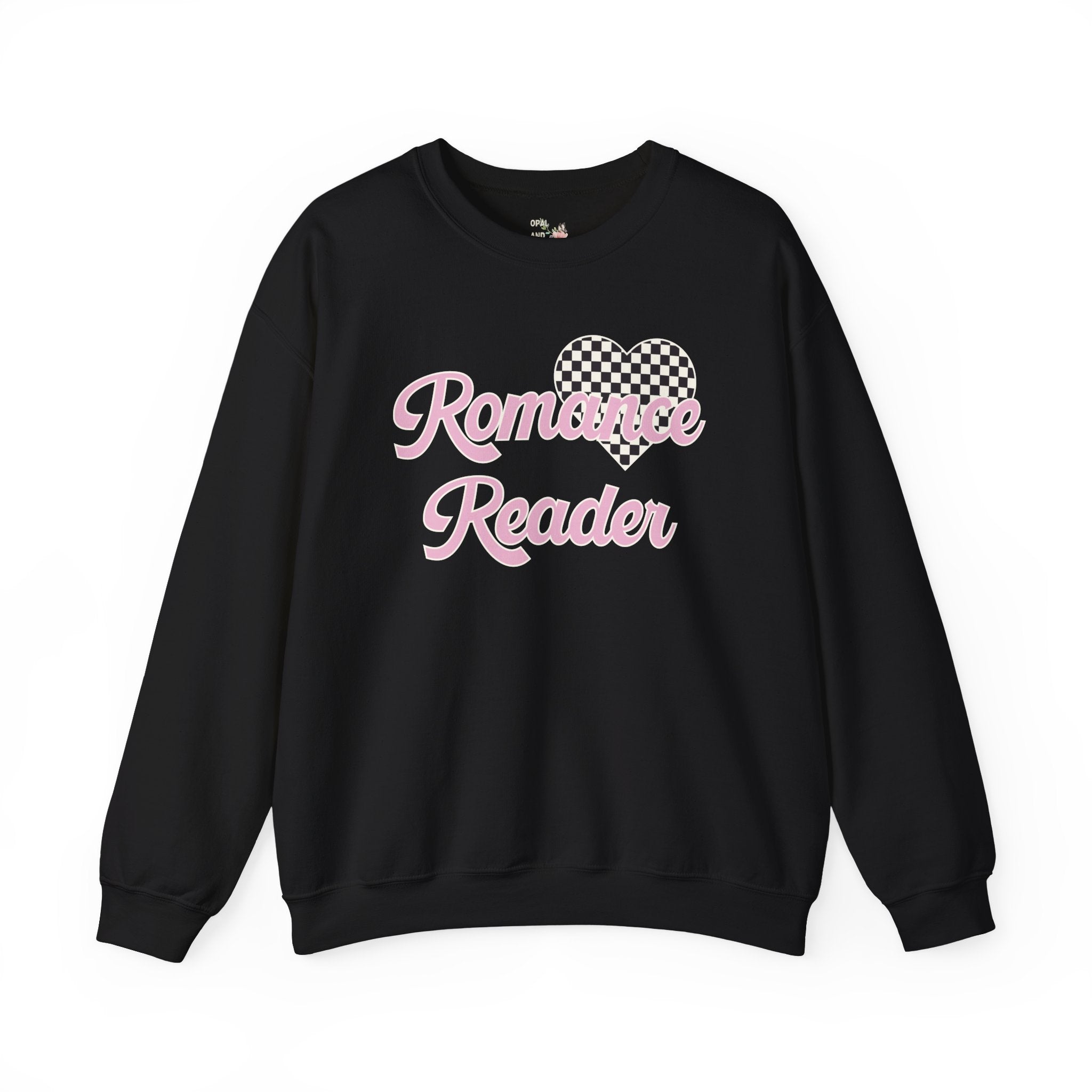 Romance Reader Sweatshirt with Checkered Heart, Cute 90s Aesthetic Book Lover Gift Idea for Bookworm or Librarian Who Loves Romance Novels - Opal and June