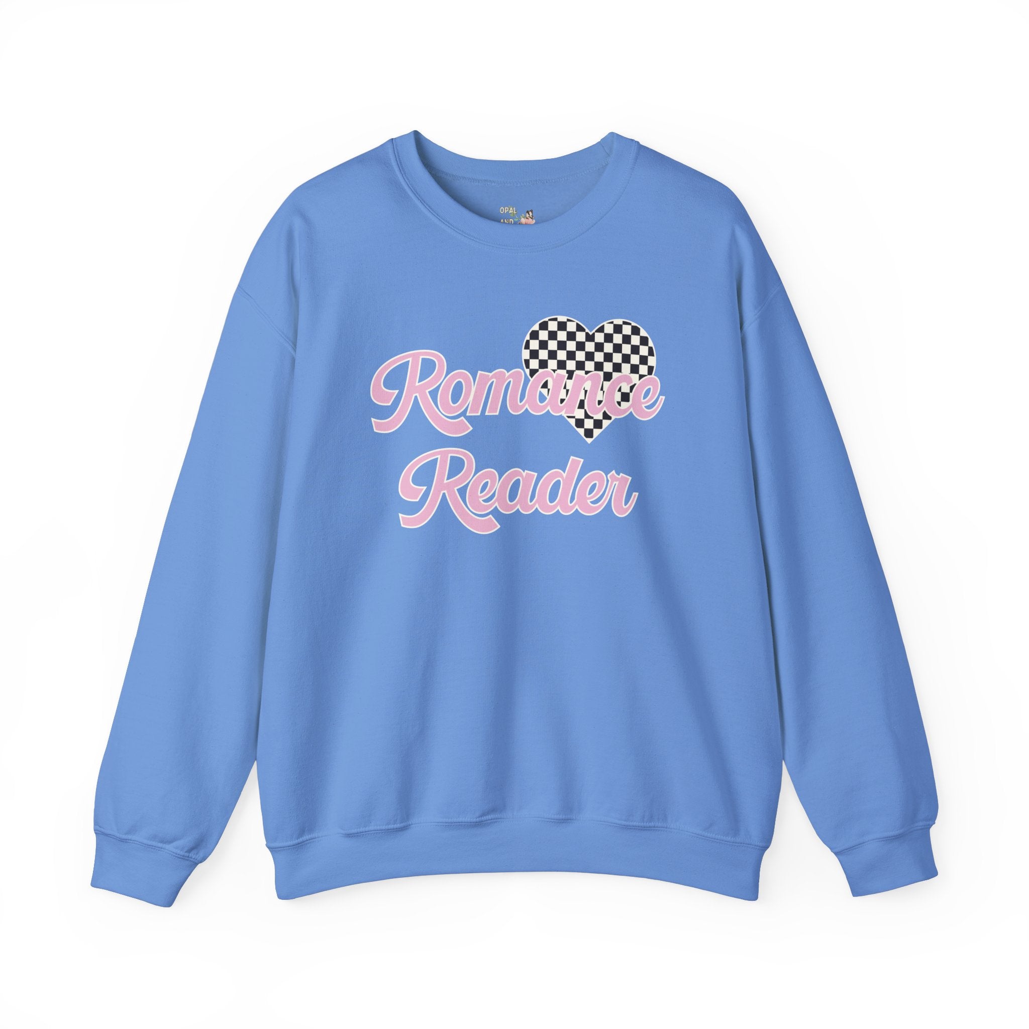 Romance Reader Sweatshirt with Checkered Heart, Cute 90s Aesthetic Book Lover Gift Idea for Bookworm or Librarian Who Loves Romance Novels - Opal and June