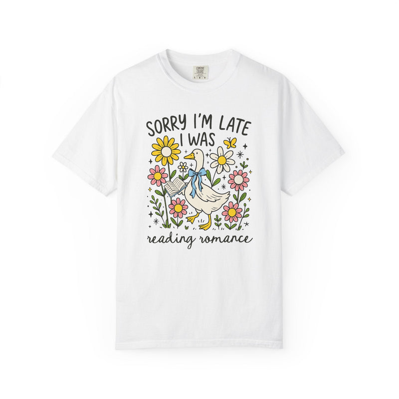Romance Reader Tee Shirt for Animal Lover Who Loves Flowers and Reading Romance Books, Cute Bookish Shirt with Silly Goose, Romance Bookworm - Opal and June