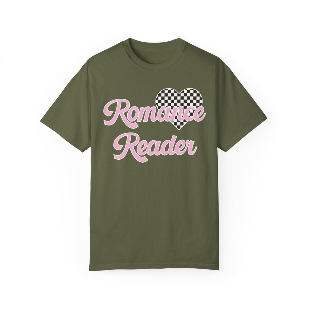 Romance Reader Tee Shirt with Checkered Heart, Cute 90s Aesthetic Book Lover Gift Idea for Bookworm or Librarian Who Loves Romance Novels - Opal and June