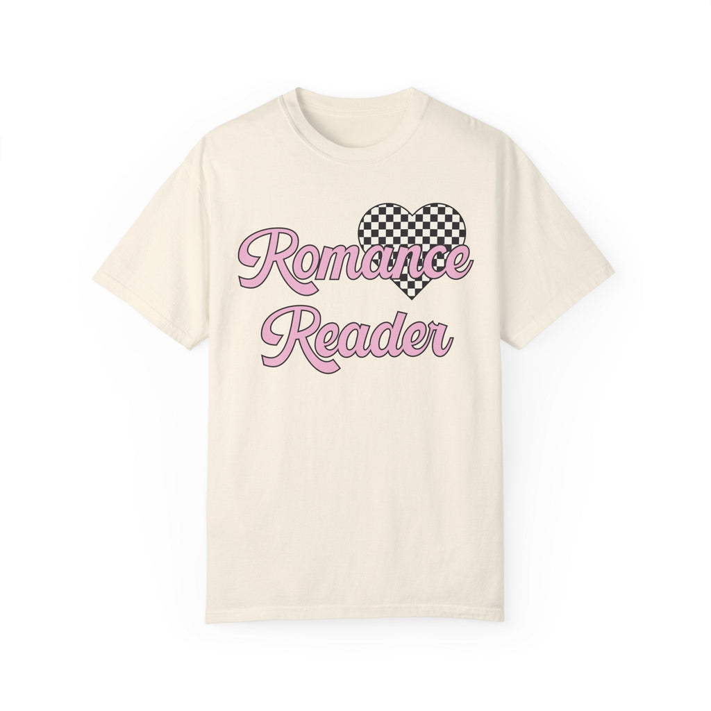 Romance Reader Tee Shirt with Checkered Heart, Cute 90s Aesthetic Book Lover Gift Idea for Bookworm or Librarian Who Loves Romance Novels - Opal and June