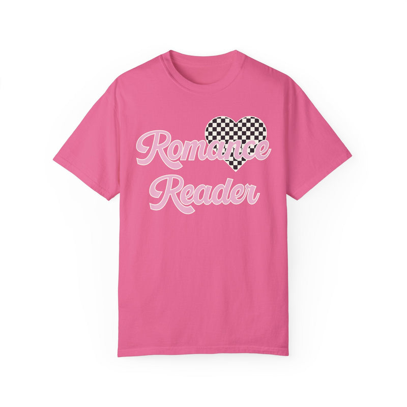 Romance Reader Tee Shirt with Checkered Heart, Cute 90s Aesthetic Book Lover Gift Idea for Bookworm or Librarian Who Loves Romance Novels - Opal and June