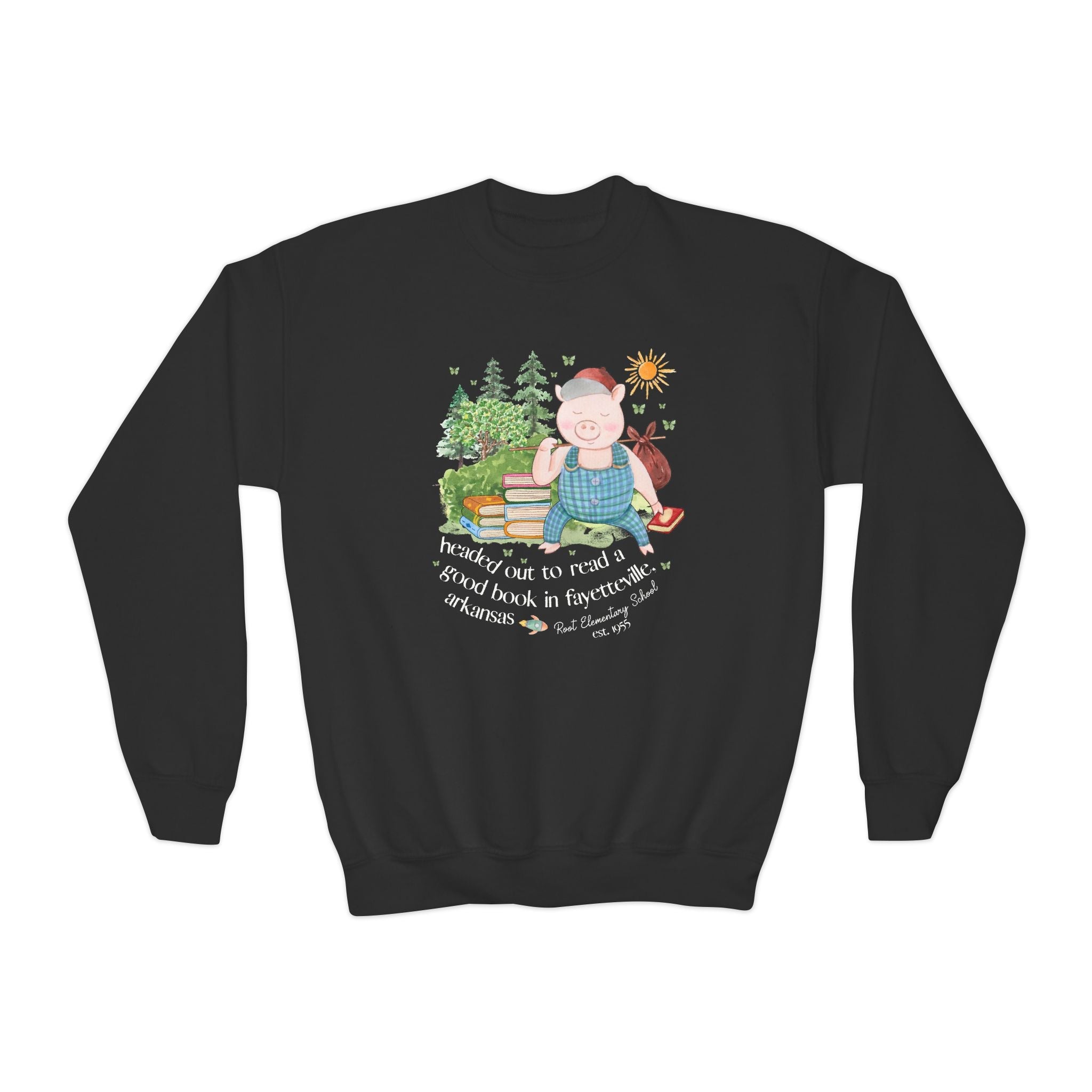 Root Elementary School Kids Sweatshirt: Headed Out to Read a Good Book | FPS + Opal and June Kids Sweatshirt, Fayetteville Public Schools - Opal and June