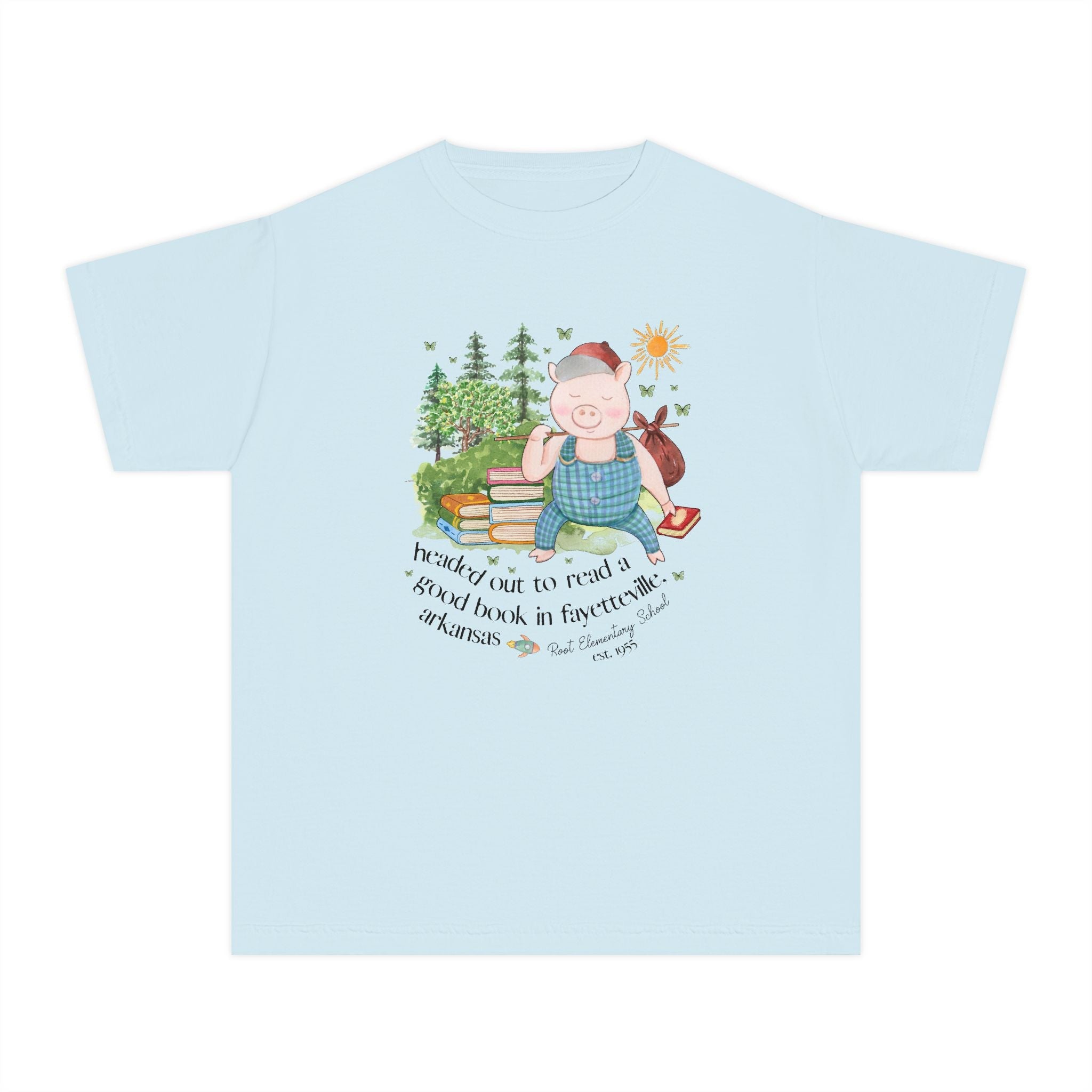 Root Elementary School Kids Tee Shirt: Headed Out to Read a Good Book | FPS + Opal and June Kids Tee Shirt, Fayetteville Public Schools - Opal and June