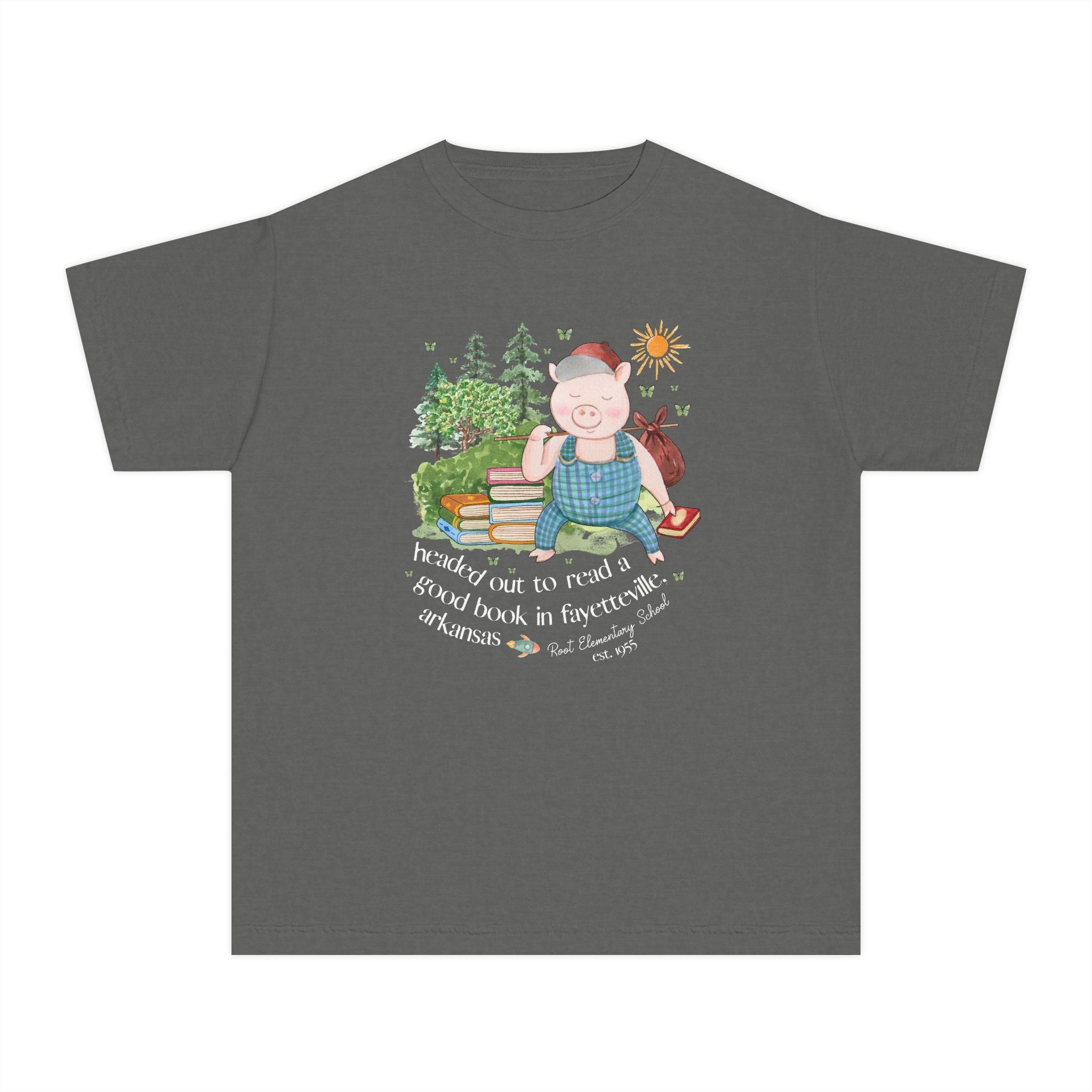 Root Elementary School Kids Tee Shirt: Headed Out to Read a Good Book | FPS + Opal and June Kids Tee Shirt, Fayetteville Public Schools - Opal and June