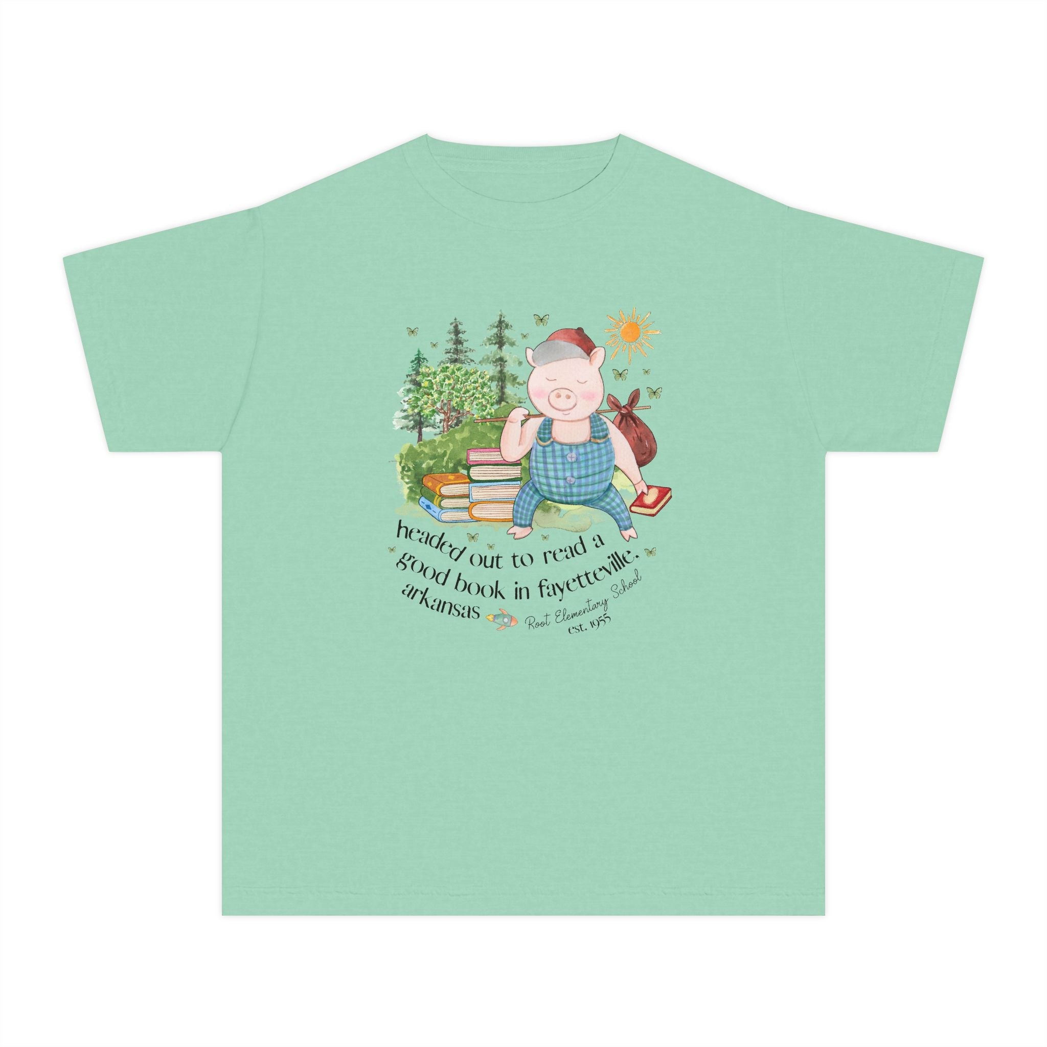 Root Elementary School Kids Tee Shirt: Headed Out to Read a Good Book | FPS + Opal and June Kids Tee Shirt, Fayetteville Public Schools - Opal and June