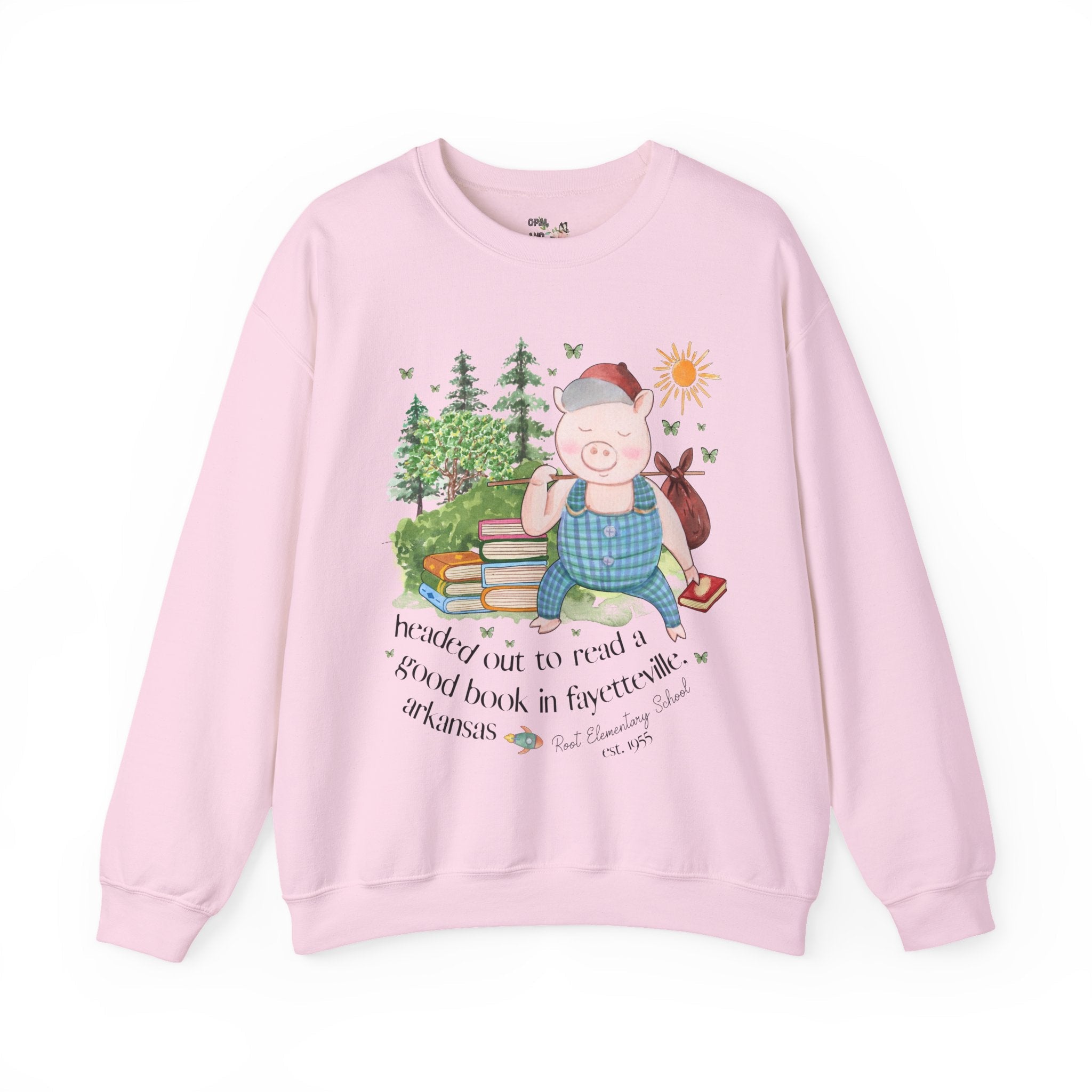 Root Elementary School Sweatshirt: Headed Out to Read a Good Book | FPS + Opal and June Sweatshirt, Fayetteville Public Schools - Opal and June