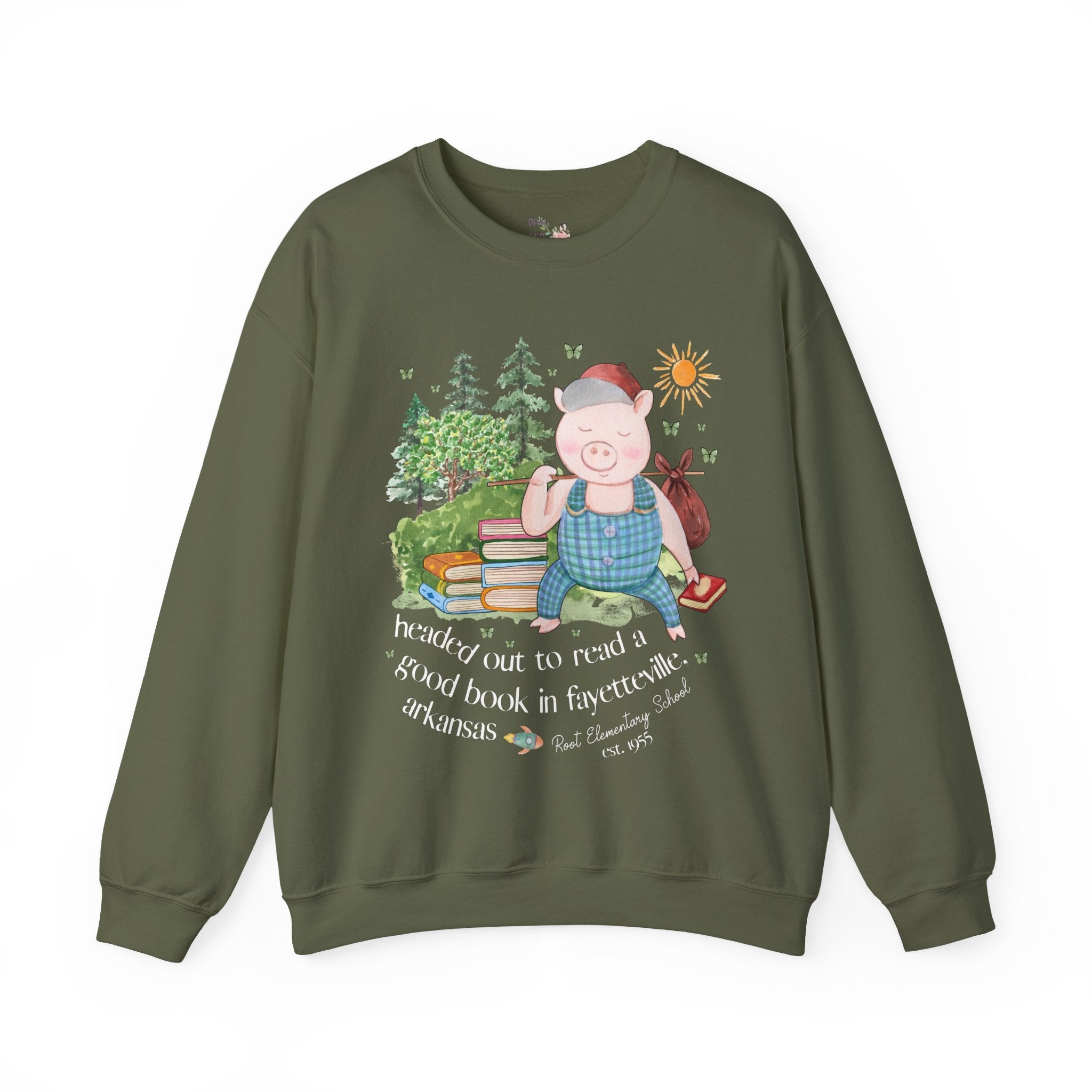 Root Elementary School Sweatshirt: Headed Out to Read a Good Book | FPS + Opal and June Sweatshirt, Fayetteville Public Schools - Opal and June