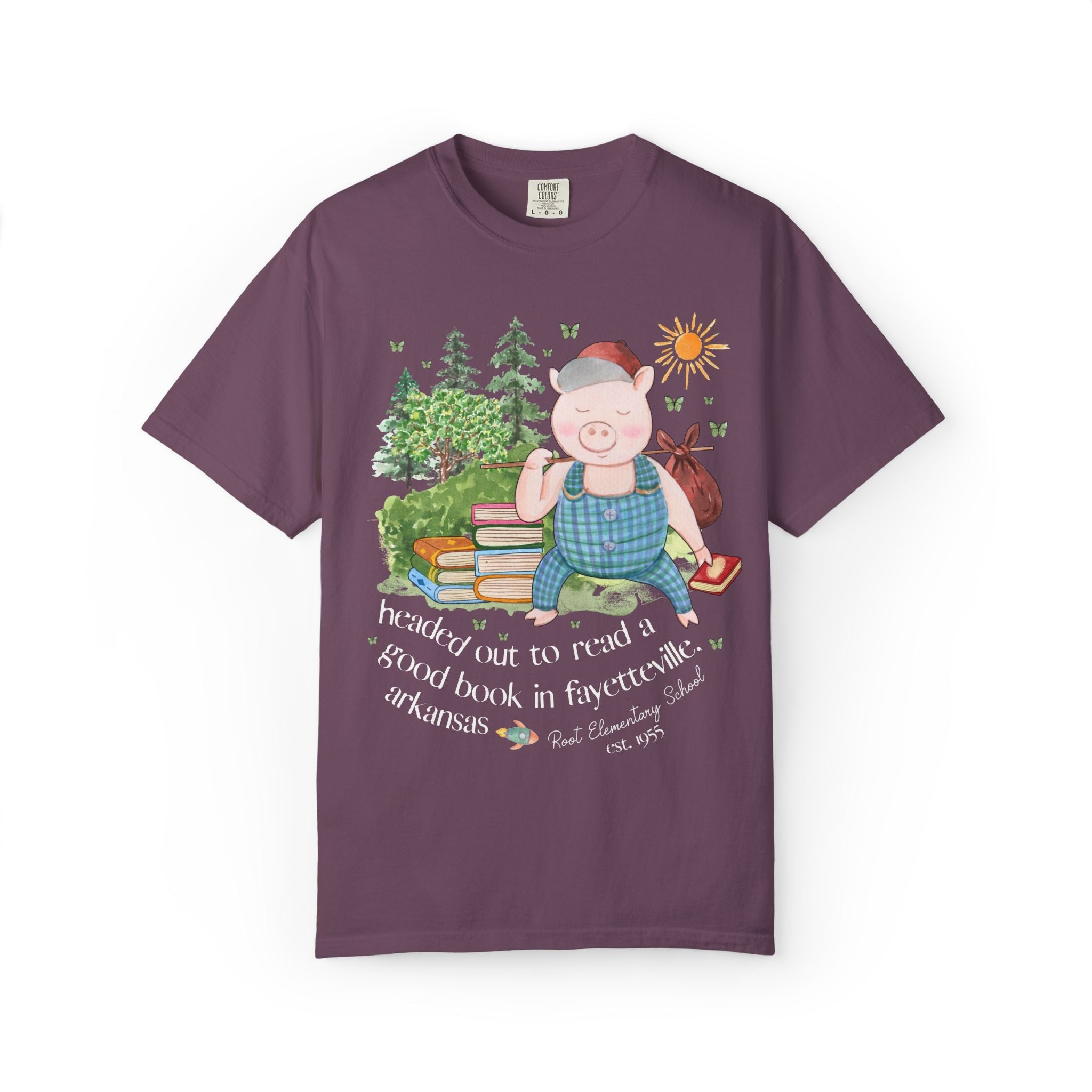 Root Elementary School Tee Shirt: Headed Out to Read a Good Book | FPS + Opal and June Tee Shirt, Fayetteville Public Schools - Opal and June