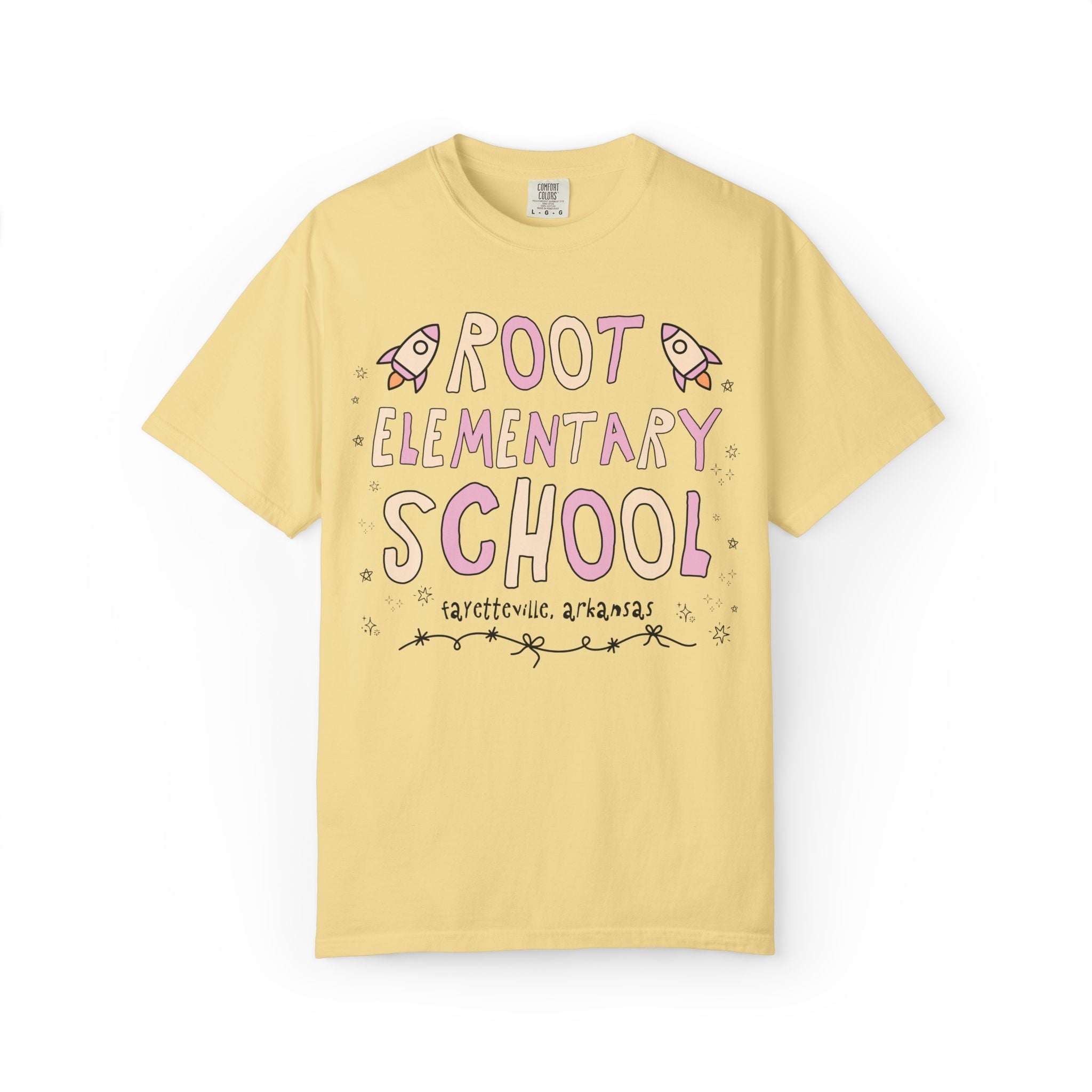 Root Elementary School Tee Shirt: Pink and Beige | FPS + Opal and June Tee Shirt, Fayetteville Public Schools - Opal and June