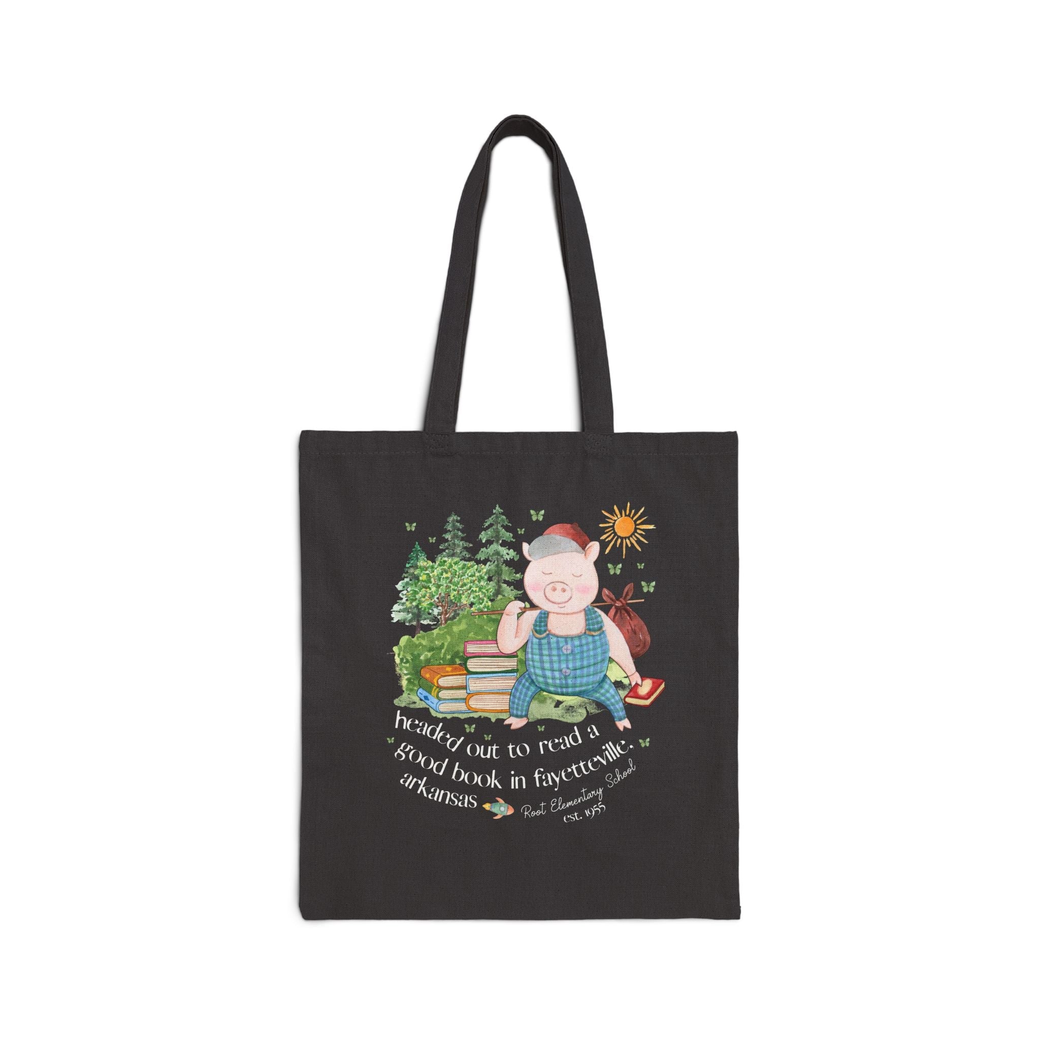 Root Elementary School Tote Bag: Headed Out to Read a Good Book | FPS + Opal and June Tote Bag, Fayetteville Public Schools - Opal and June