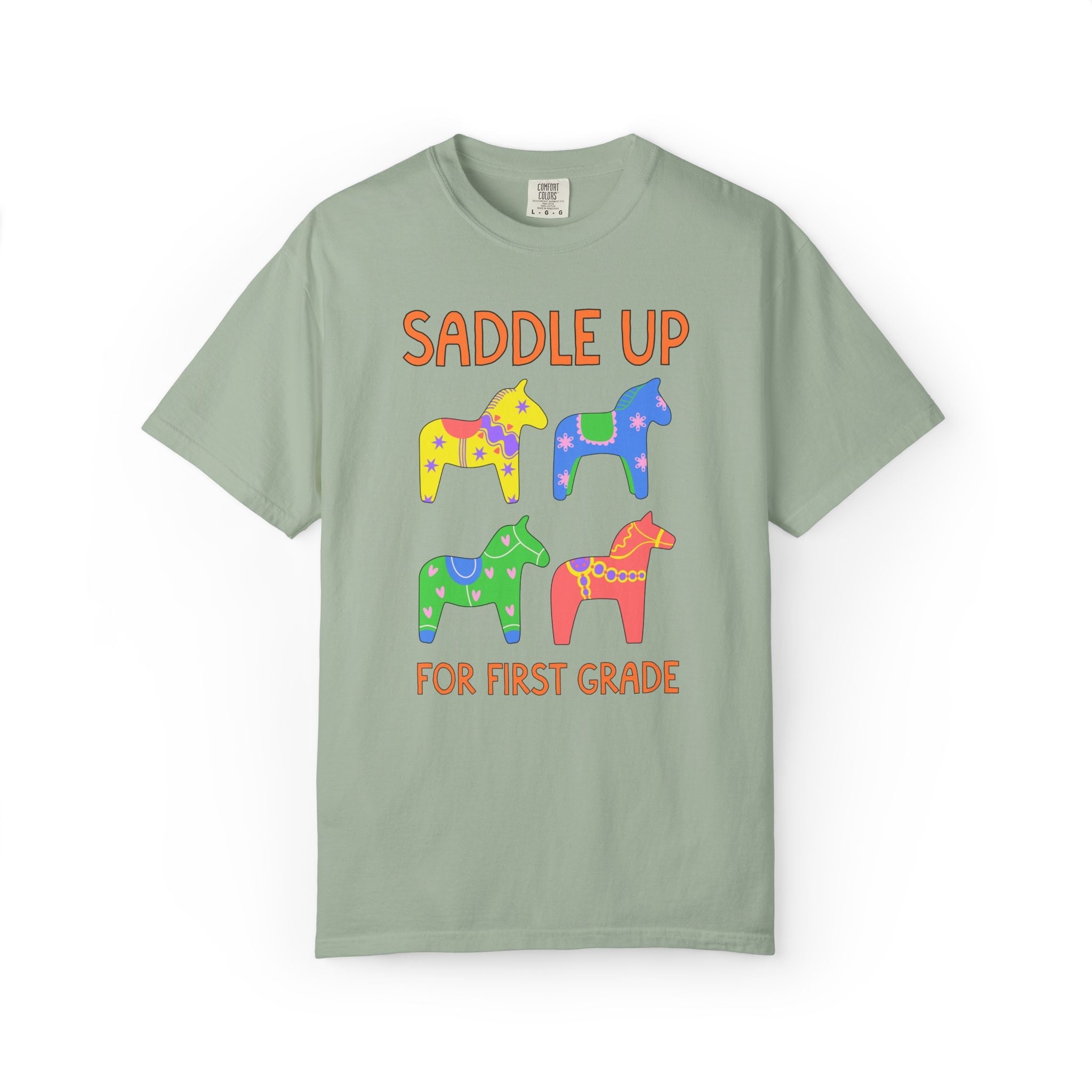 Saddle Up for First Grade: Cute First Grade Teacher Team T-Shirt, Silly Dreamcore Tee with Horses, Student Teacher or Paraprofessional Tee - Opal and June
