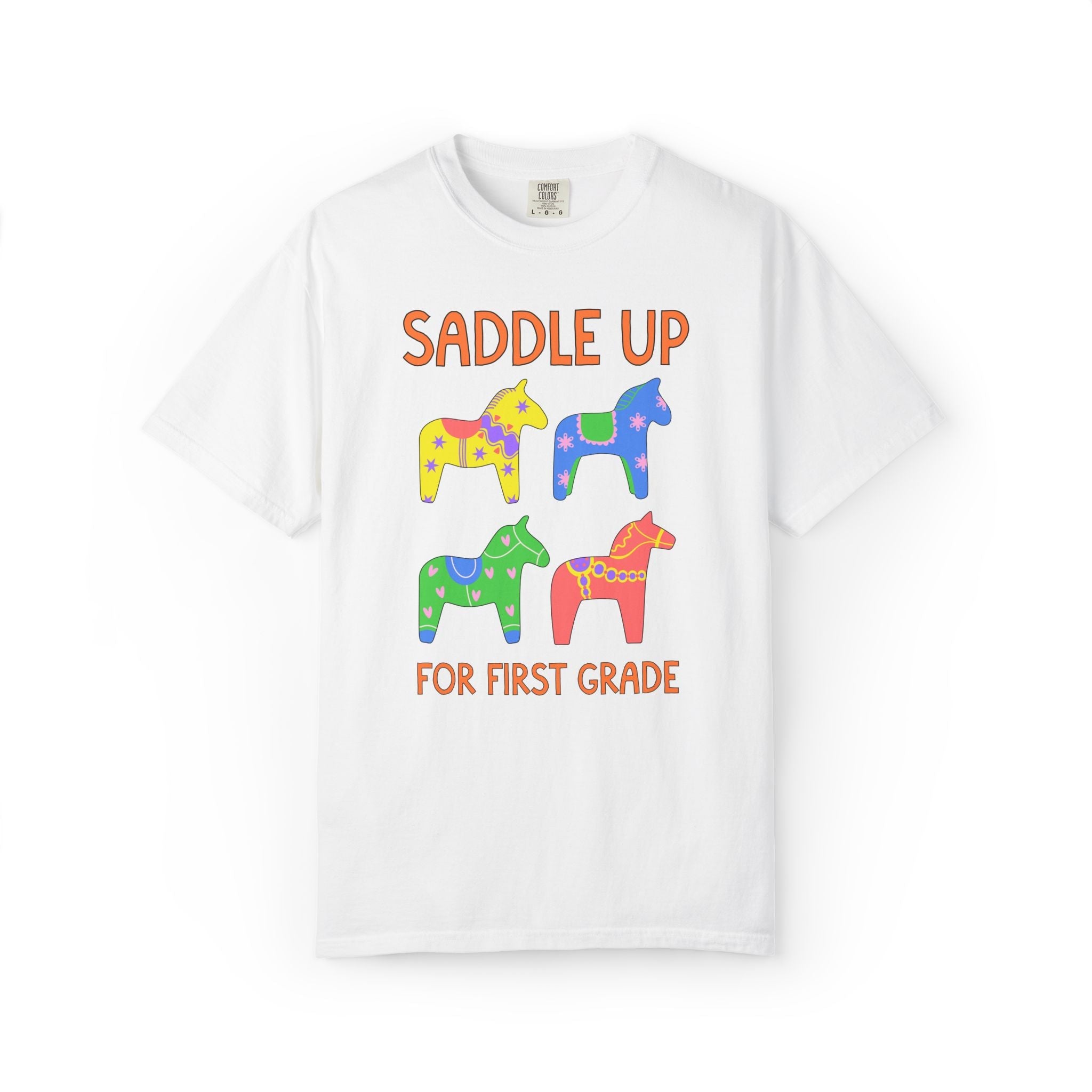 Saddle Up for First Grade: Cute First Grade Teacher Team T-Shirt, Silly Dreamcore Tee with Horses, Student Teacher or Paraprofessional Tee - Opal and June