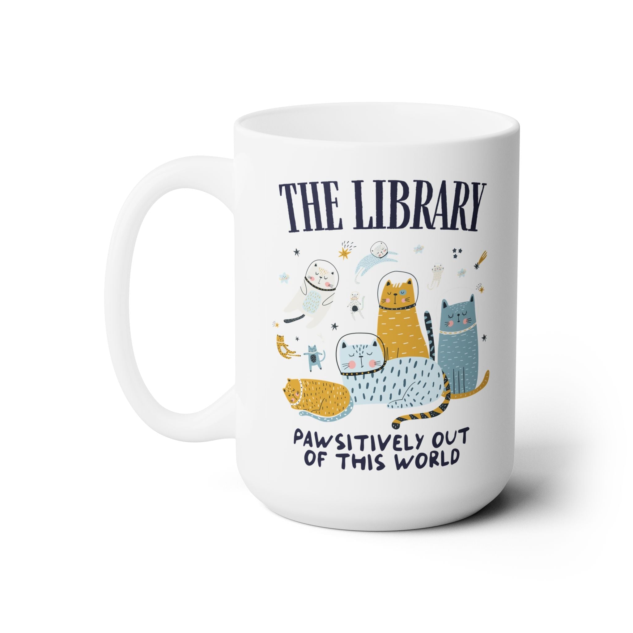 School Librarian Space Cat 15 Oz Coffee Mug with Astronaut Kittens and Stars: Pawsitively Out of This World Teacher Team or School Office Staff Mug for Cat Lover - Opal and June