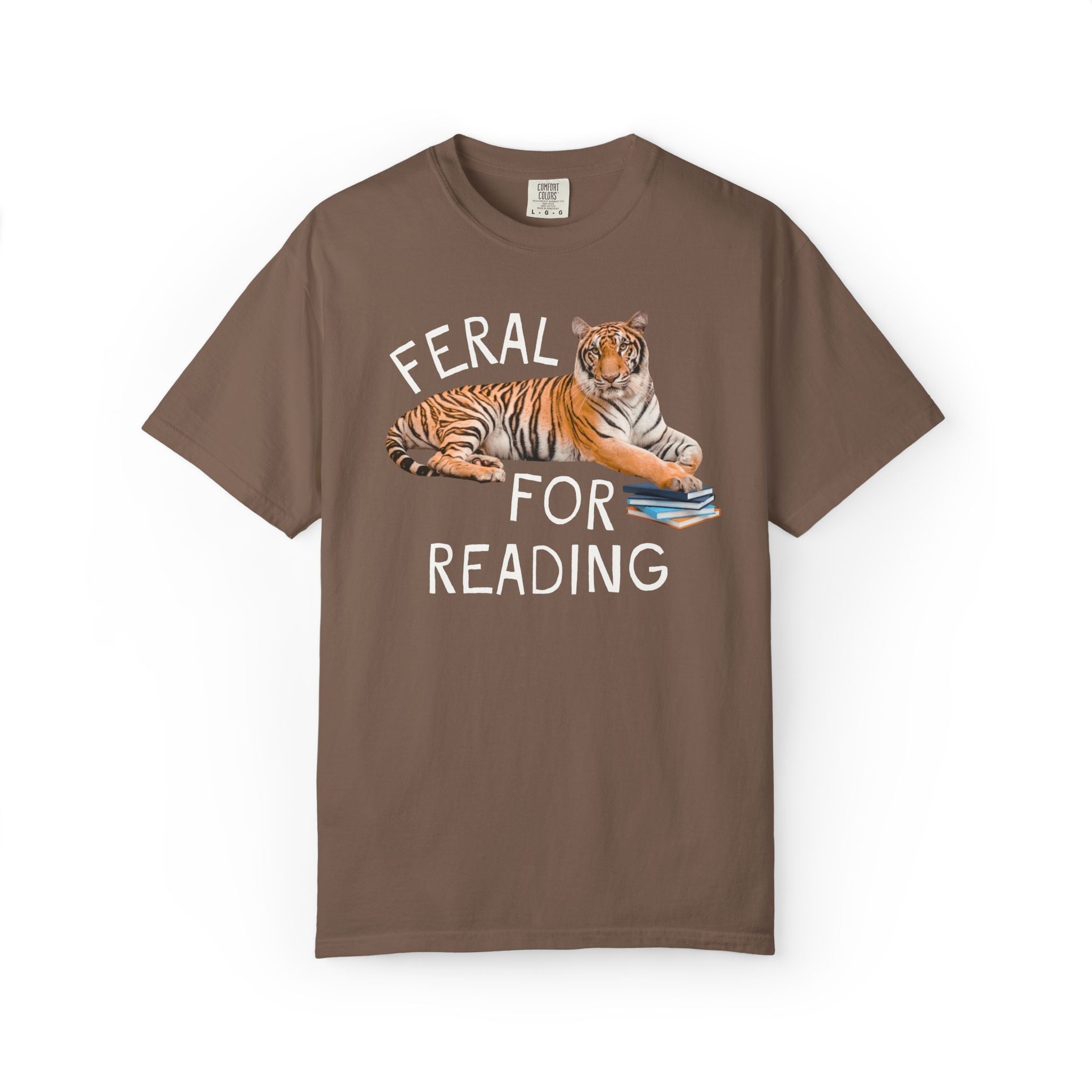 School Librarian Team Shirt: Feral for Reading, Silly Animal Lover T-Shirt with Tiger Holding Books, Matching Reading Month Teacher Tee - Opal and June