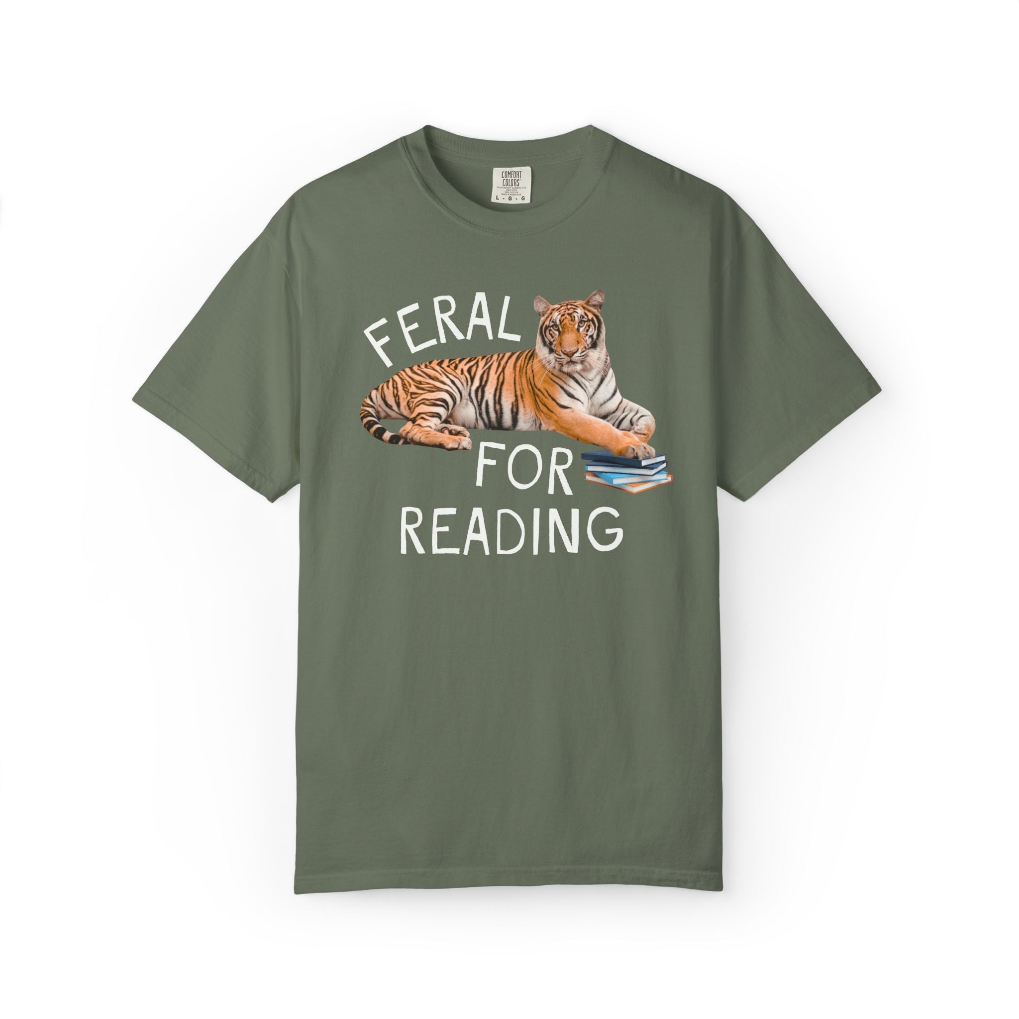 School Librarian Team Shirt: Feral for Reading, Silly Animal Lover T-Shirt with Tiger Holding Books, Matching Reading Month Teacher Tee - Opal and June