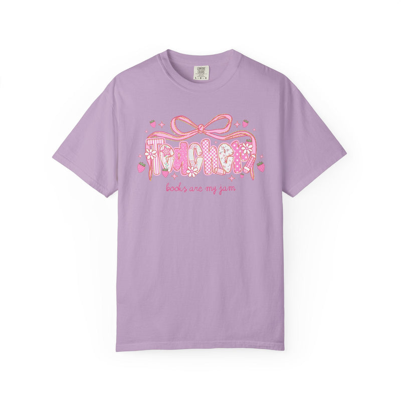 School Librarian Tee Shirt for Reading Teacher Squad or Crew, Floral Boho Strawberry T-Shirt with Messy Coquette Bow, Fruit Lover Teacher - Opal and June