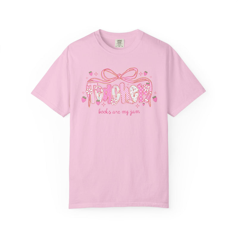 School Librarian Tee Shirt for Reading Teacher Squad or Crew, Floral Boho Strawberry T-Shirt with Messy Coquette Bow, Fruit Lover Teacher - Opal and June