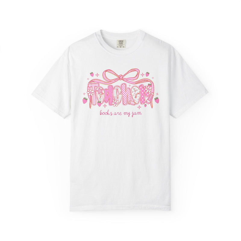School Librarian Tee Shirt for Reading Teacher Squad or Crew, Floral Boho Strawberry T-Shirt with Messy Coquette Bow, Fruit Lover Teacher - Opal and June