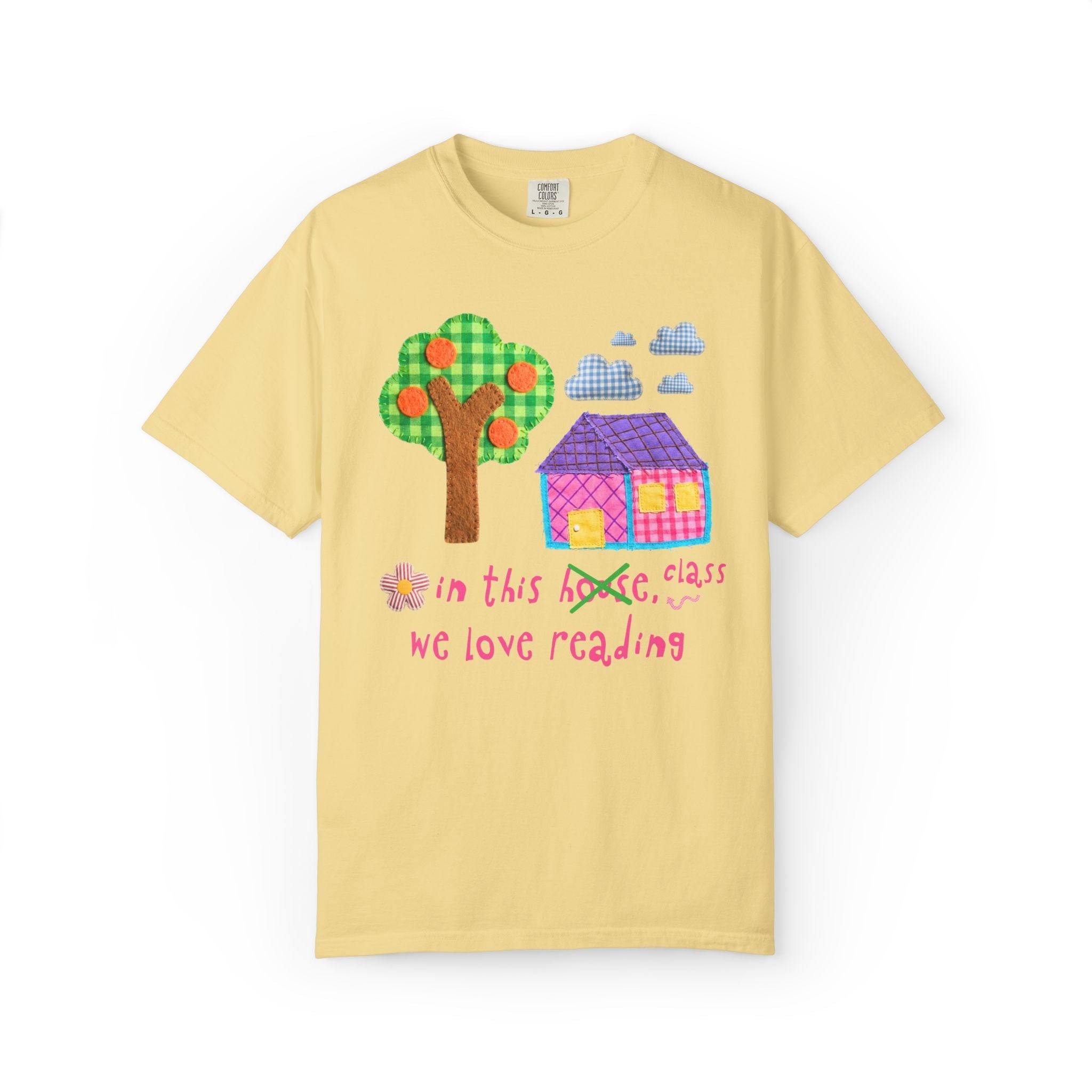 School Librarian Tee Shirt with Kitschy Kidcore Aesthetic: In This House, We Love Reading | Cute and Colorful Matching Teacher Team Shirt - Opal and June