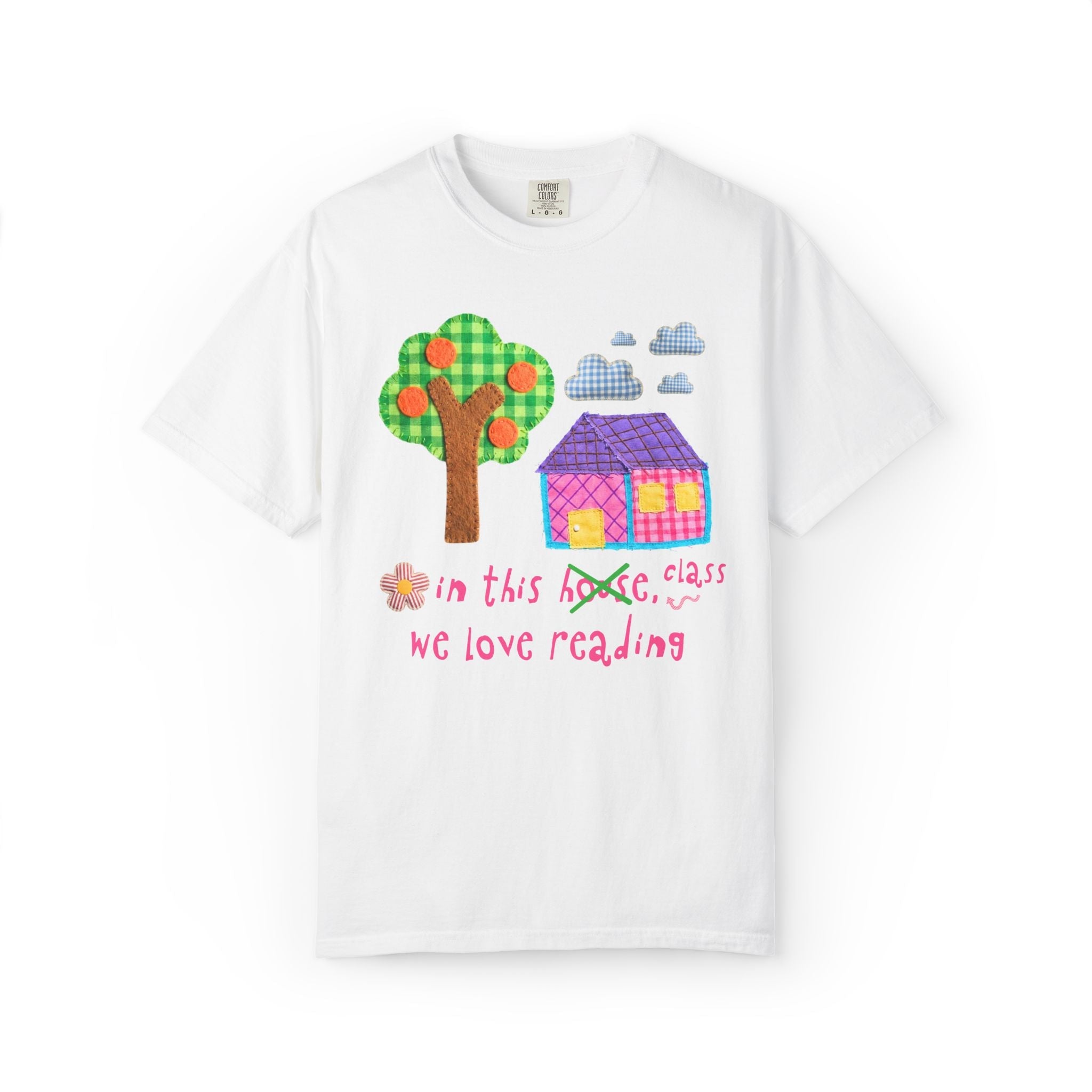 School Librarian Tee Shirt with Kitschy Kidcore Aesthetic: In This House, We Love Reading | Cute and Colorful Matching Teacher Team Shirt - Opal and June