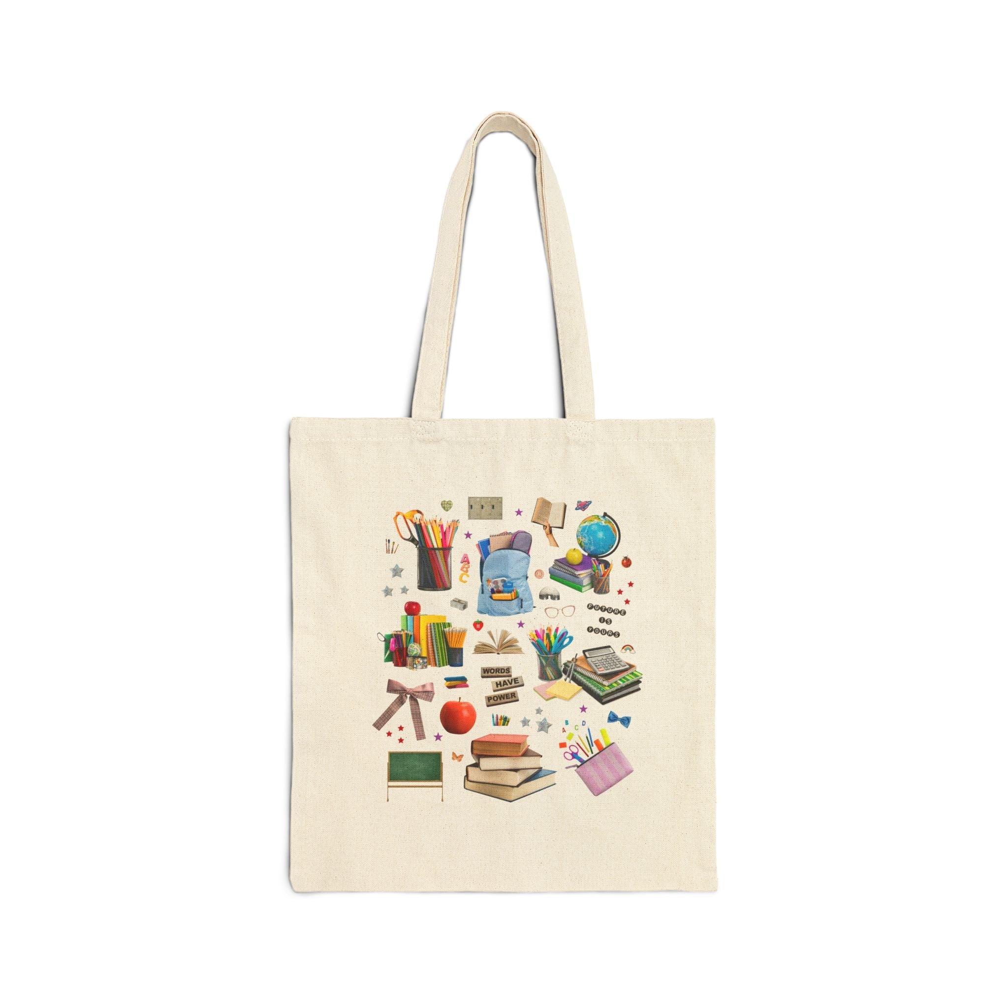 School Supply Matching Teacher Tote Bag for History Department or Middle School Office Staff, Words Have Power Education Collage with Stars - Opal and June
