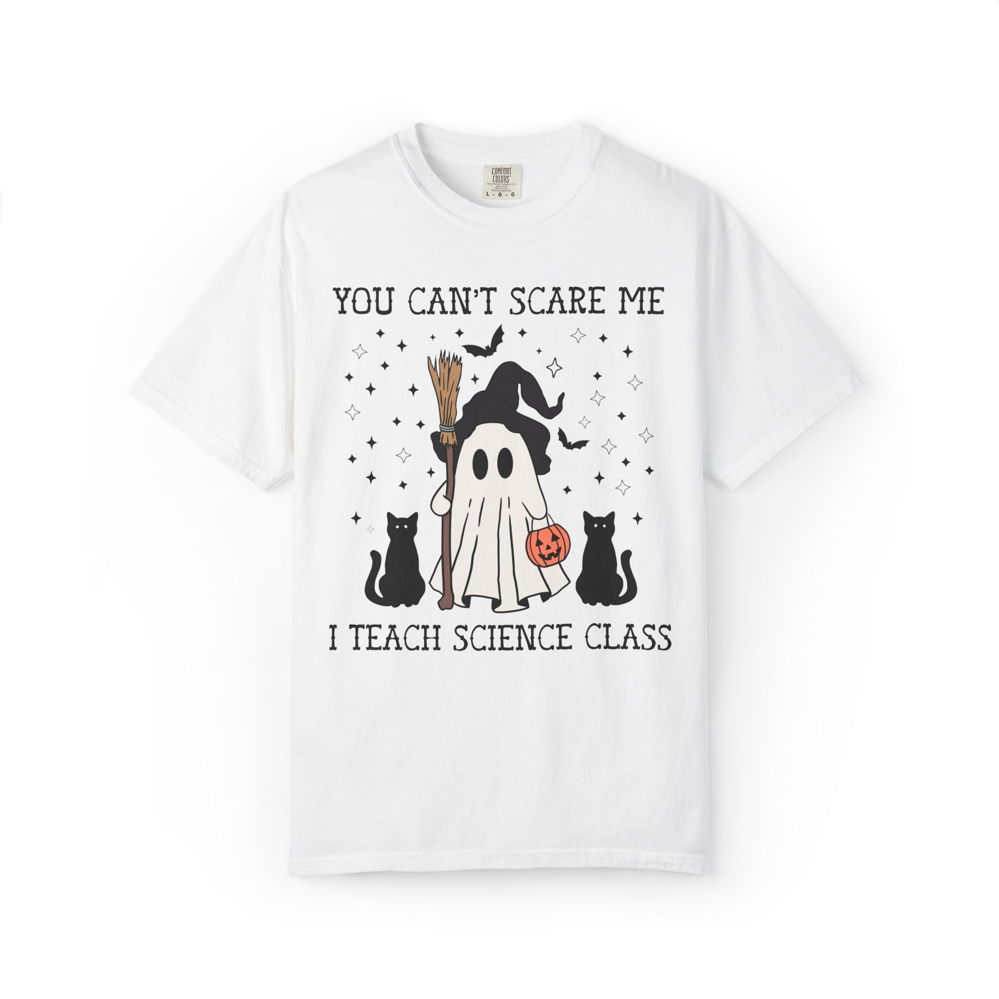 Science Teacher Halloween Tee Shirt with Witchy Ghost and Black Cats for Spooky Season: You Can't Scare Me, Science Department T-Shirt - Opal and June