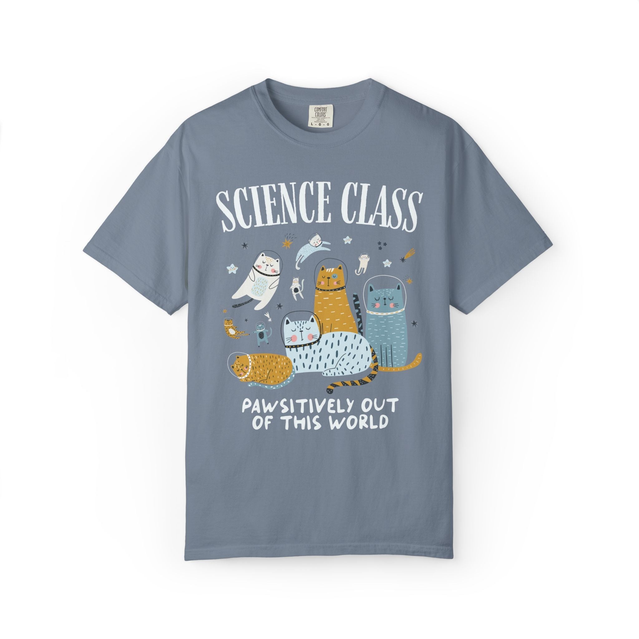 Science Teacher Space Cat Tee Shirt with Astronaut Kittens and Stars: Pawsitively Out of This World Teacher Team T-Shirt for Cat Lover - Opal and June