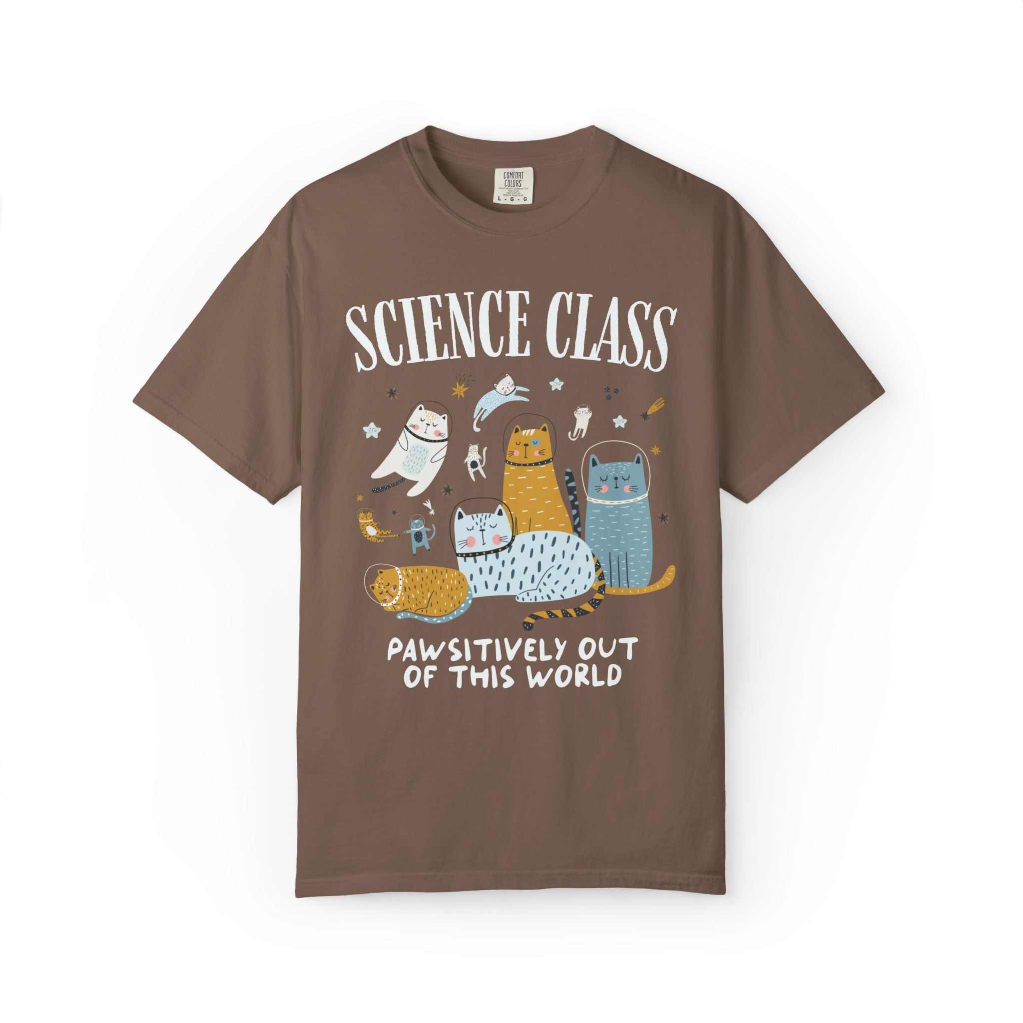 Science Teacher Space Cat Tee Shirt with Astronaut Kittens and Stars: Pawsitively Out of This World Teacher Team T-Shirt for Cat Lover - Opal and June