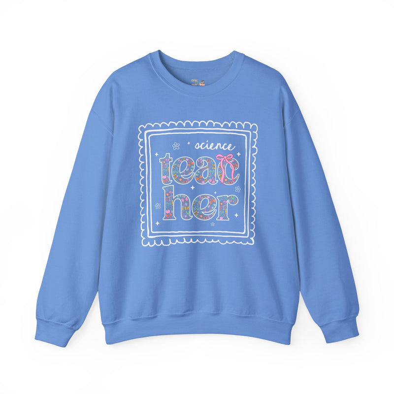 Science Teacher Sweatshirt for Back to School, Cute Floral Matching Science Department Crewneck with Bow, Cute Nineties Aesthetic Doodles - Opal and June