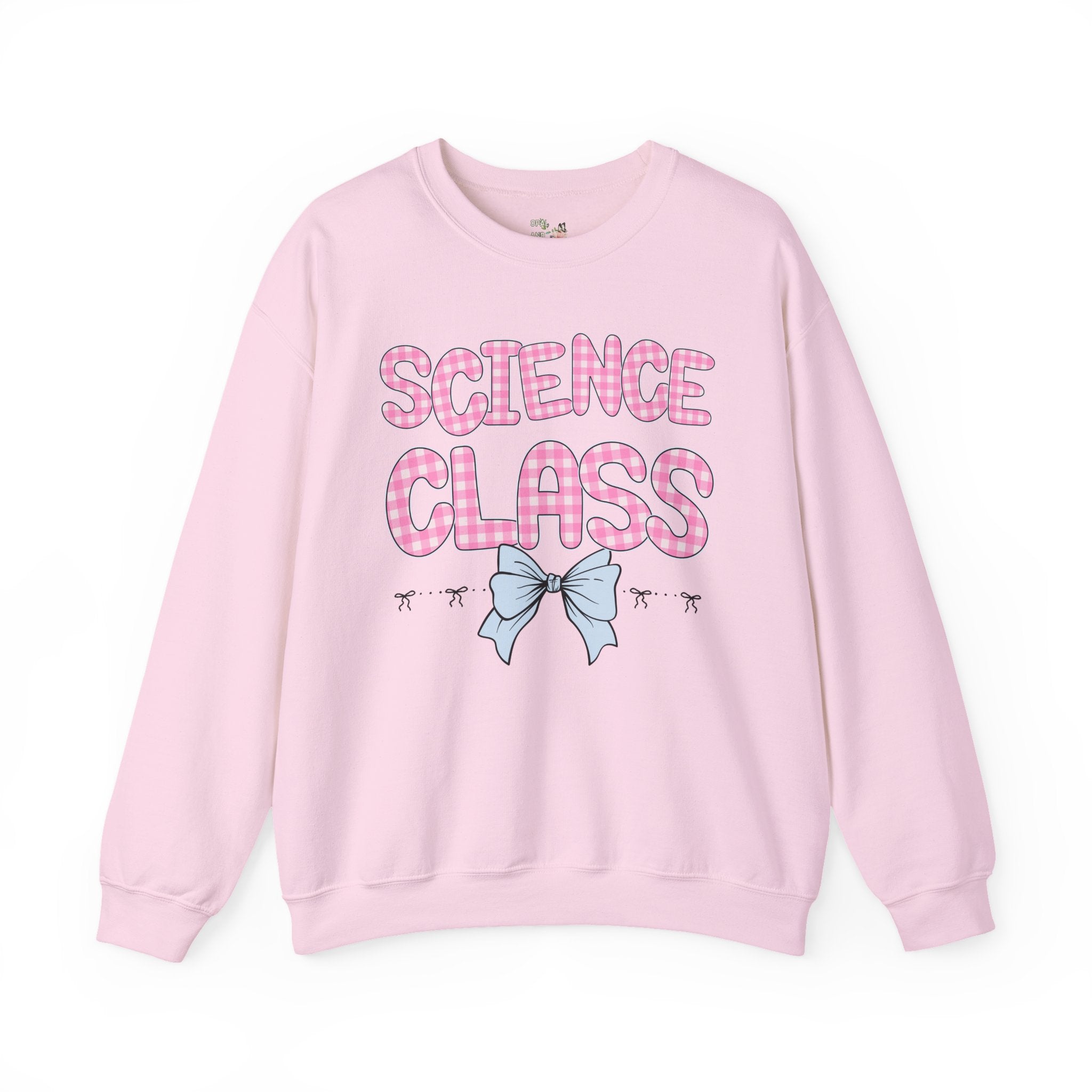 Science Teacher Sweatshirt, Pink Gingham Letters, First Day of School, Back to School Matching Teacher Shirt with Bow, Soft Girl Style - Opal and June