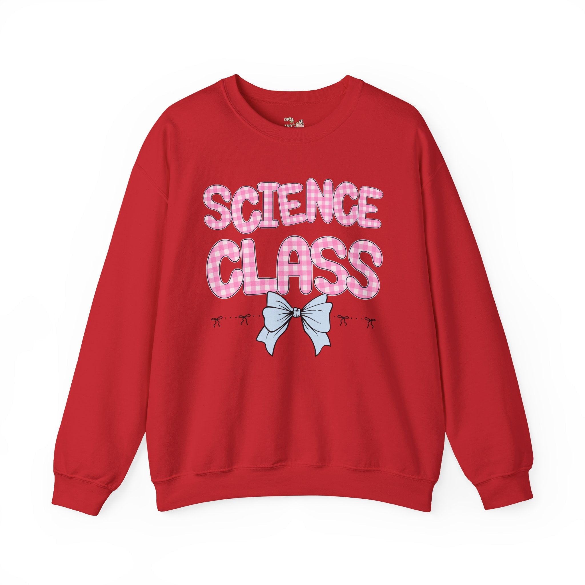Science Teacher Sweatshirt, Pink Gingham Letters, First Day of School, Back to School Matching Teacher Shirt with Bow, Soft Girl Style - Opal and June