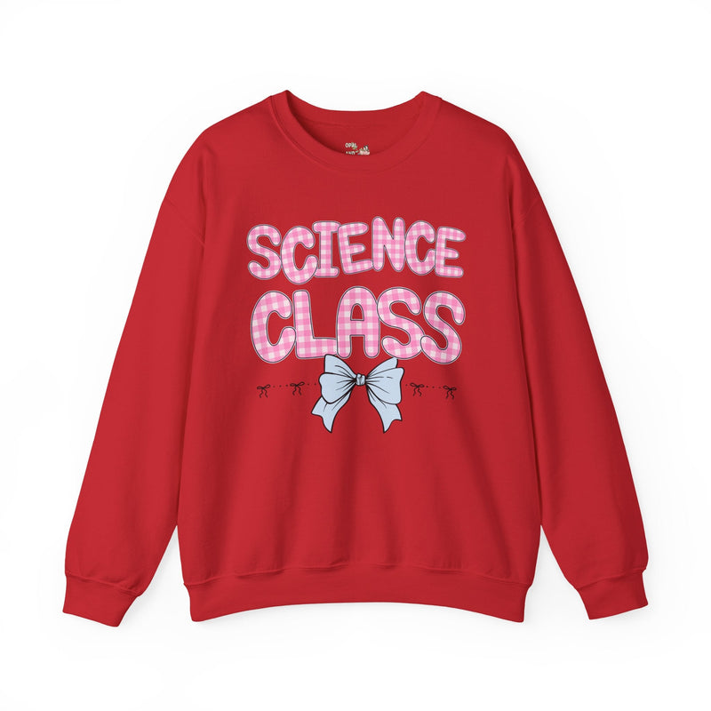 Science Teacher Sweatshirt, Pink Gingham Letters, First Day of School, Back to School Matching Teacher Shirt with Bow, Soft Girl Style - Opal and June