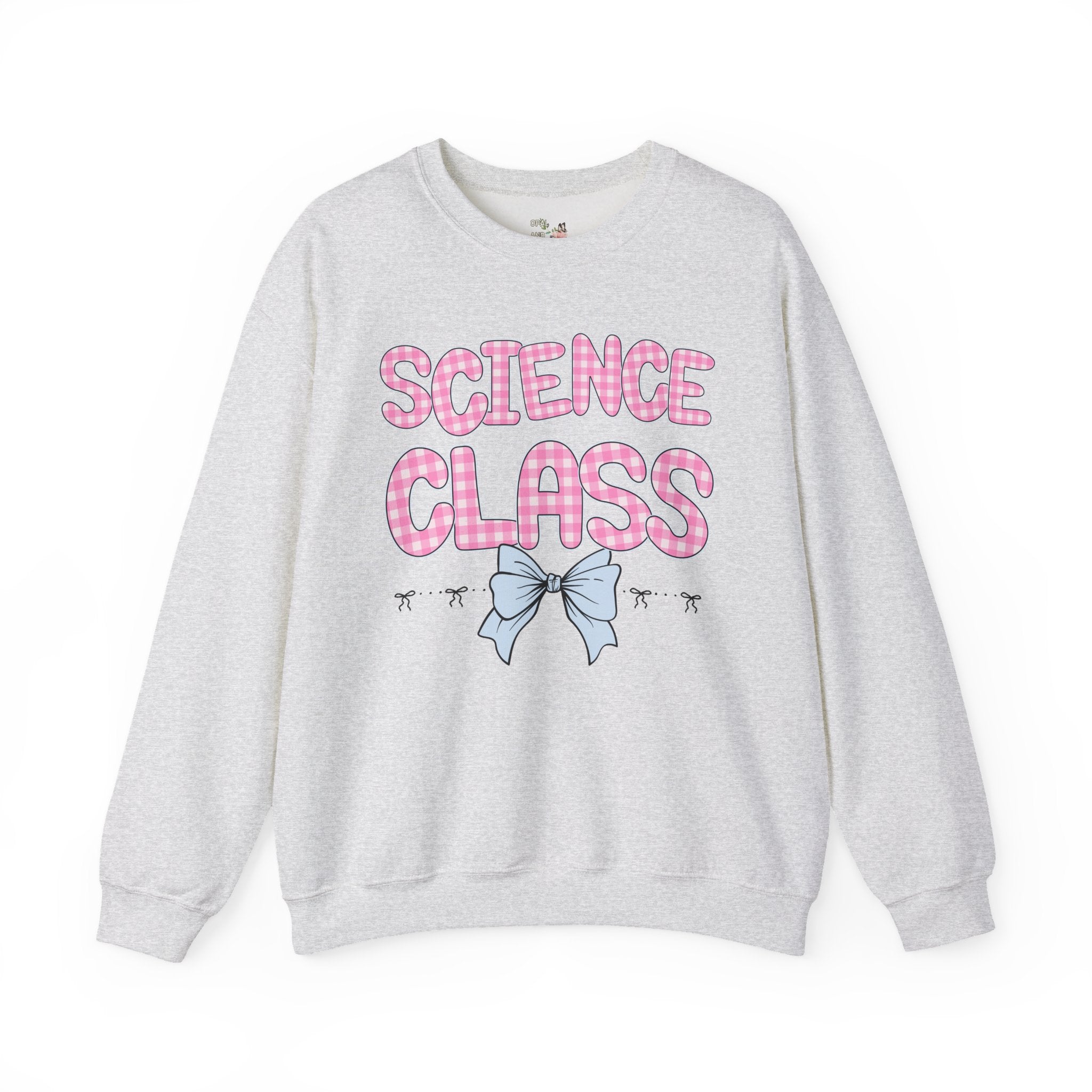 Science Teacher Sweatshirt, Pink Gingham Letters, First Day of School, Back to School Matching Teacher Shirt with Bow, Soft Girl Style - Opal and June