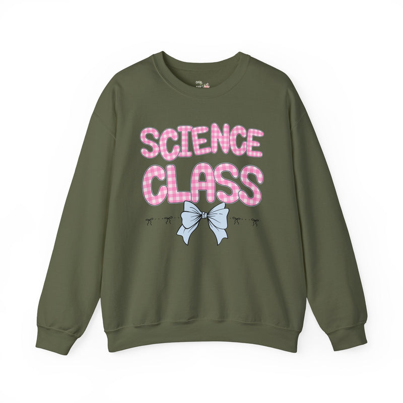 Science Teacher Sweatshirt, Pink Gingham Letters, First Day of School, Back to School Matching Teacher Shirt with Bow, Soft Girl Style - Opal and June