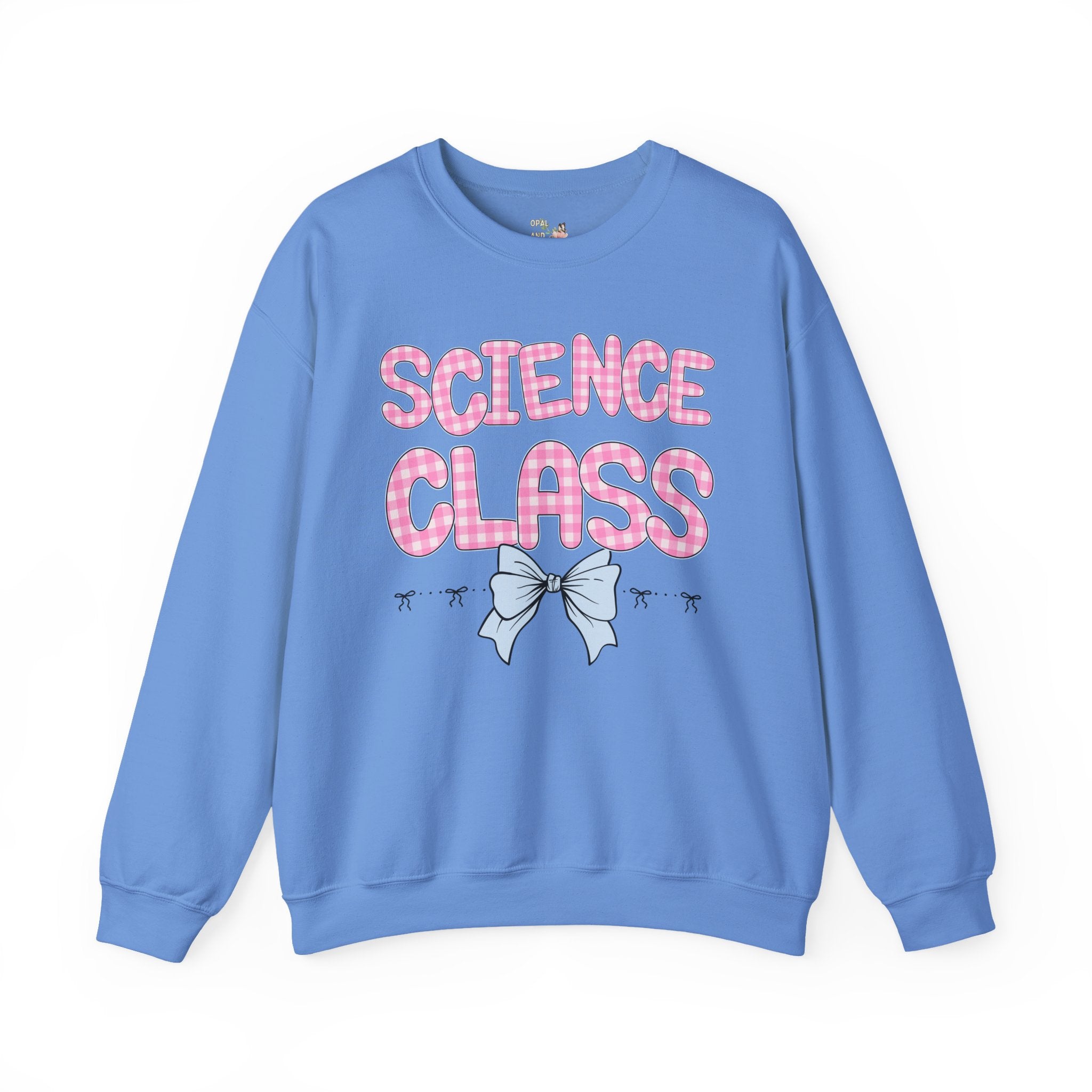 Science Teacher Sweatshirt, Pink Gingham Letters, First Day of School, Back to School Matching Teacher Shirt with Bow, Soft Girl Style - Opal and June