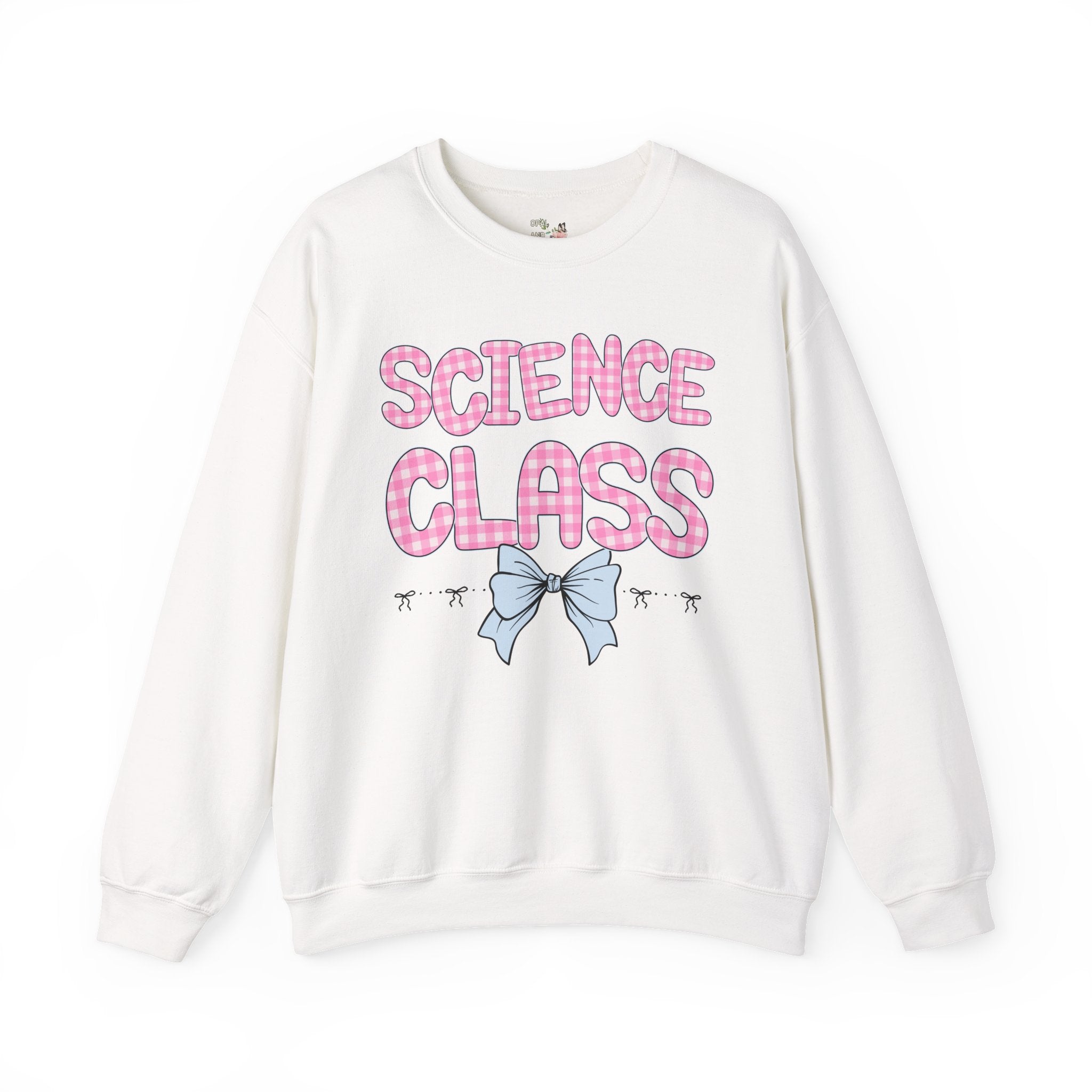 Science Teacher Sweatshirt, Pink Gingham Letters, First Day of School, Back to School Matching Teacher Shirt with Bow, Soft Girl Style - Opal and June