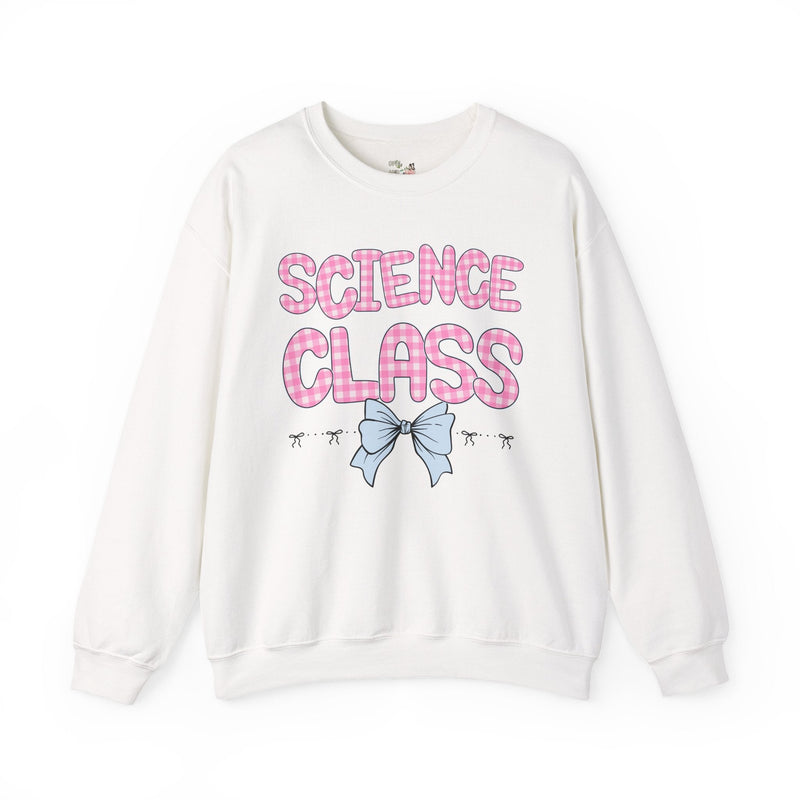 Science Teacher Sweatshirt, Pink Gingham Letters, First Day of School, Back to School Matching Teacher Shirt with Bow, Soft Girl Style - Opal and June