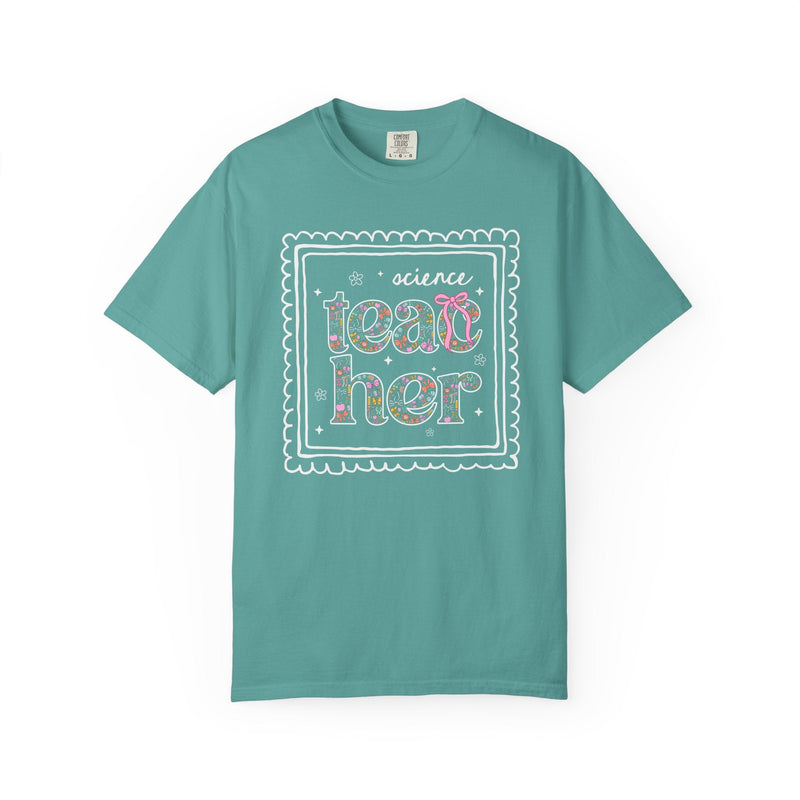 Science Teacher Tee Shirt for Back to School, Cute Floral Matching Science Department T-Shirt with Bow, Cute Nineties Aesthetic Doodles - Opal and June