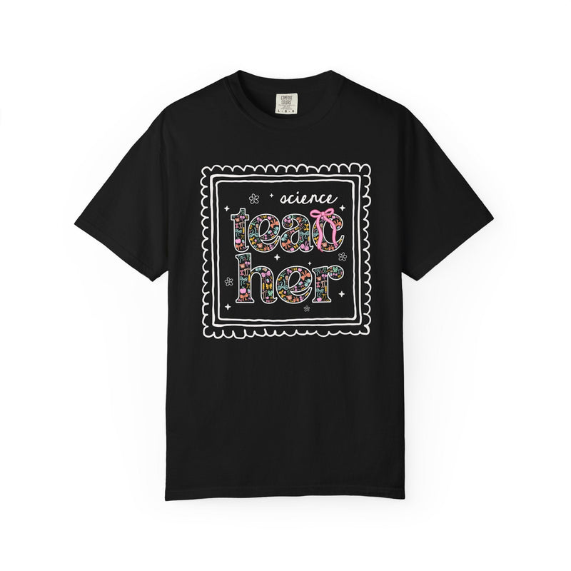Science Teacher Tee Shirt for Back to School, Cute Floral Matching Science Department T-Shirt with Bow, Cute Nineties Aesthetic Doodles - Opal and June