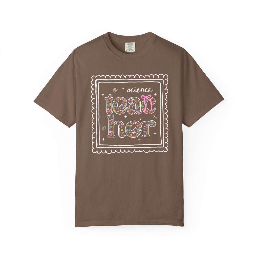 Science Teacher Tee Shirt for Back to School, Cute Floral Matching Science Department T-Shirt with Bow, Cute Nineties Aesthetic Doodles - Opal and June