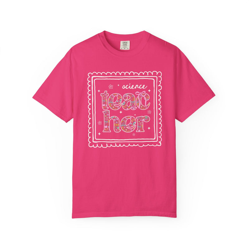 Science Teacher Tee Shirt for Back to School, Cute Floral Matching Science Department T-Shirt with Bow, Cute Nineties Aesthetic Doodles - Opal and June