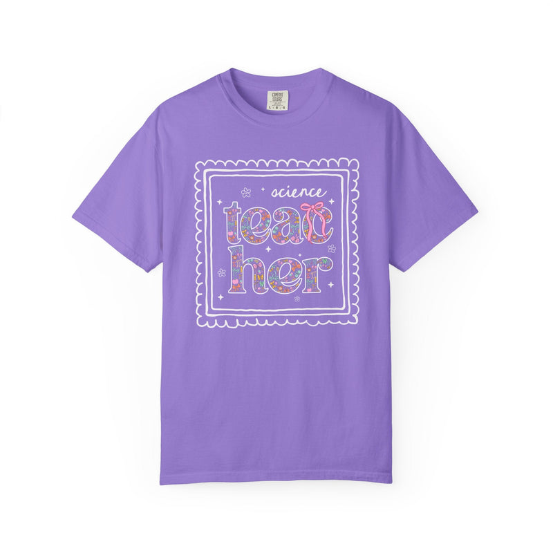 Science Teacher Tee Shirt for Back to School, Cute Floral Matching Science Department T-Shirt with Bow, Cute Nineties Aesthetic Doodles - Opal and June