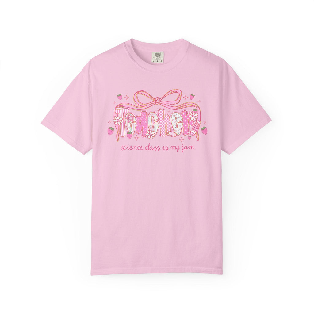 Science Teacher Tee Shirt for Science Department Squad or Crew, Floral Boho Strawberry T-Shirt with Messy Coquette Bow, Fruit Lover Teacher - Opal and June