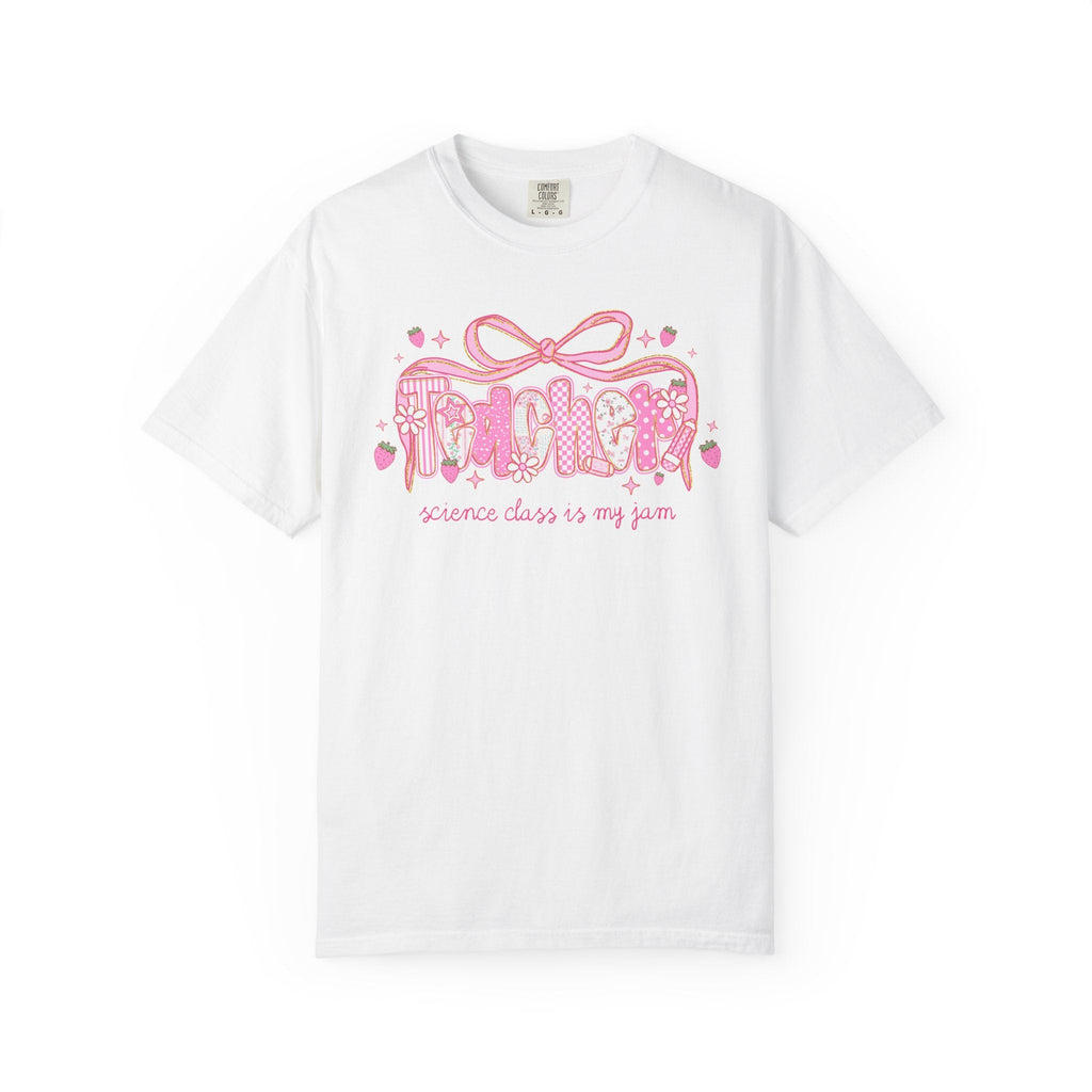Science Teacher Tee Shirt for Science Department Squad or Crew, Floral Boho Strawberry T-Shirt with Messy Coquette Bow, Fruit Lover Teacher - Opal and June